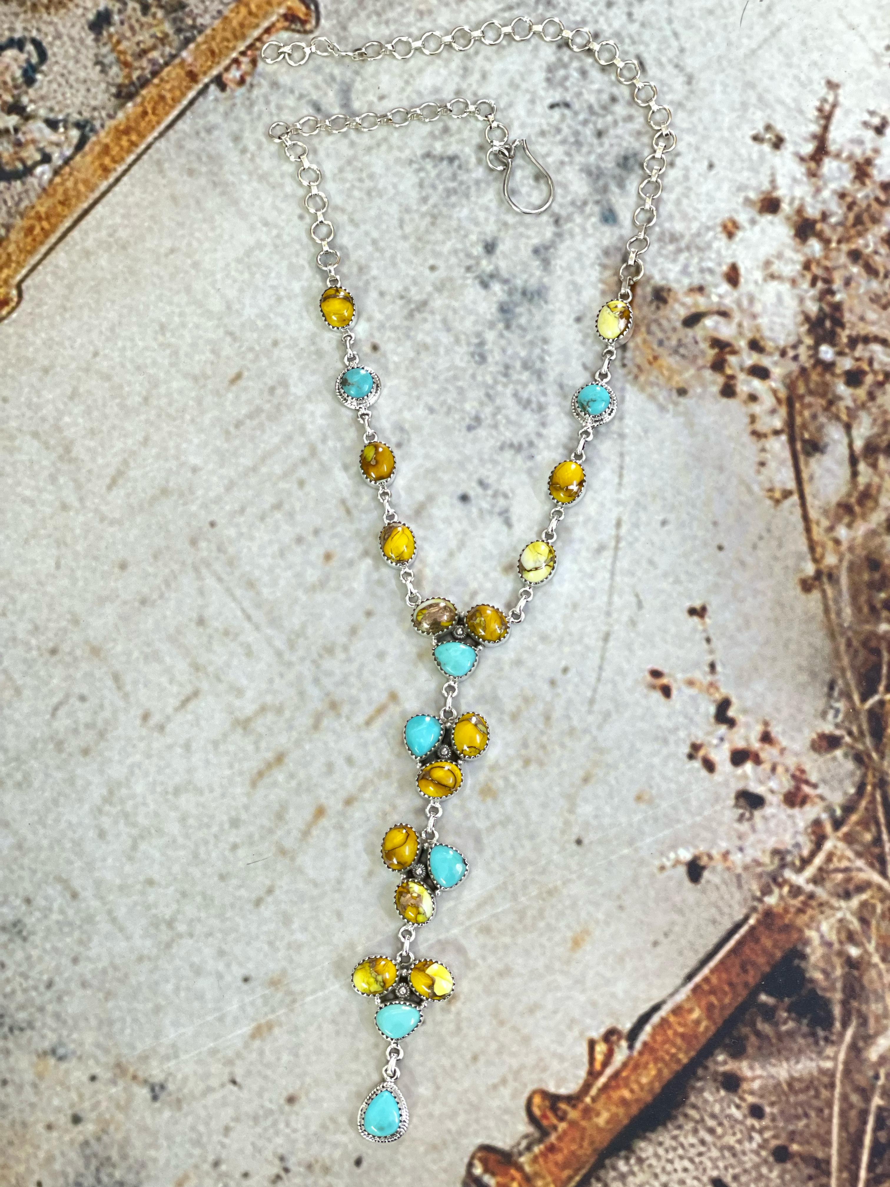 Handmade Sterling Silver Honey Dahlia with Kingman Turquoise Necklace with Signed Nizhoni