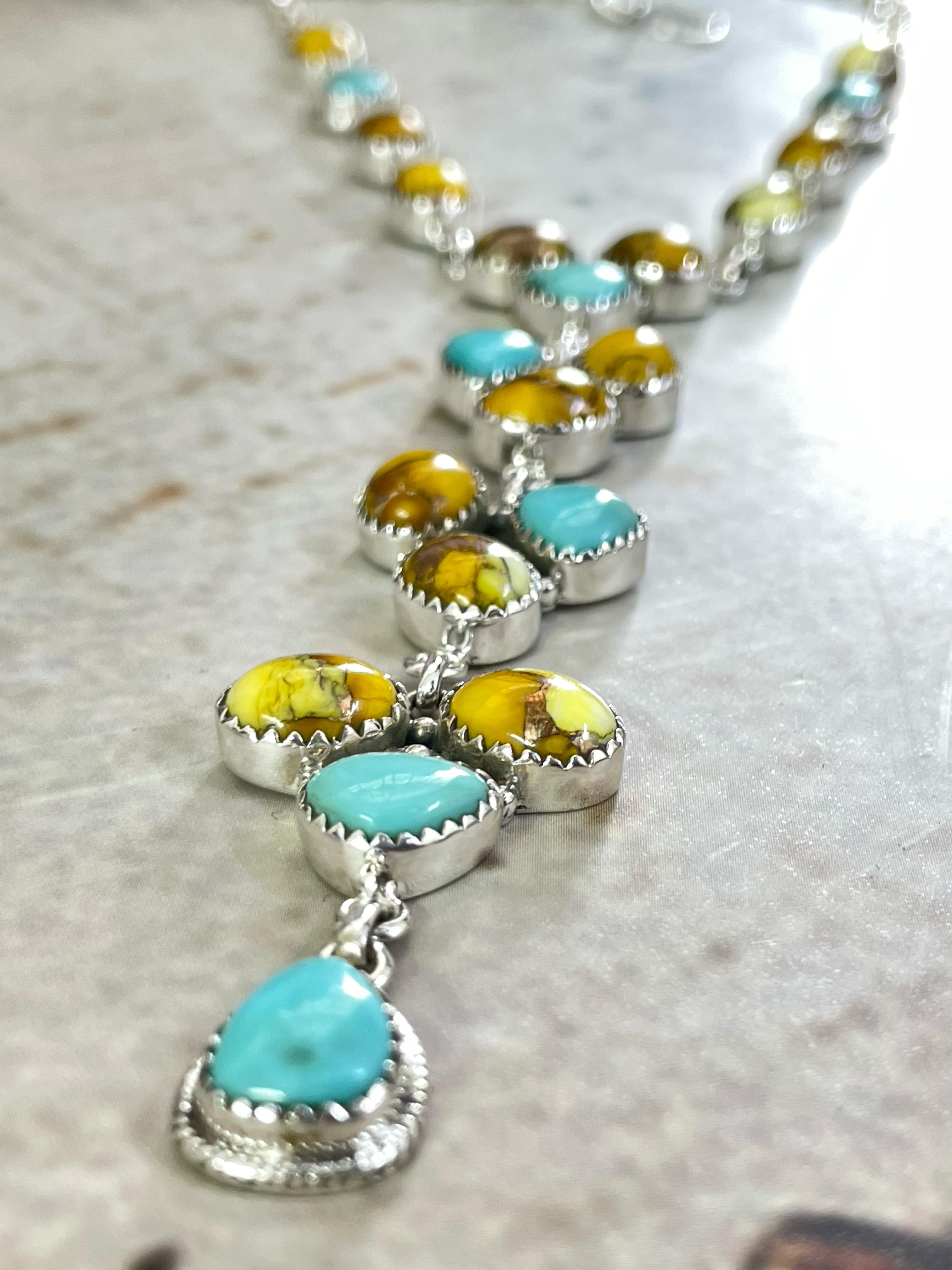 Handmade Sterling Silver Honey Dahlia with Kingman Turquoise Necklace with Signed Nizhoni