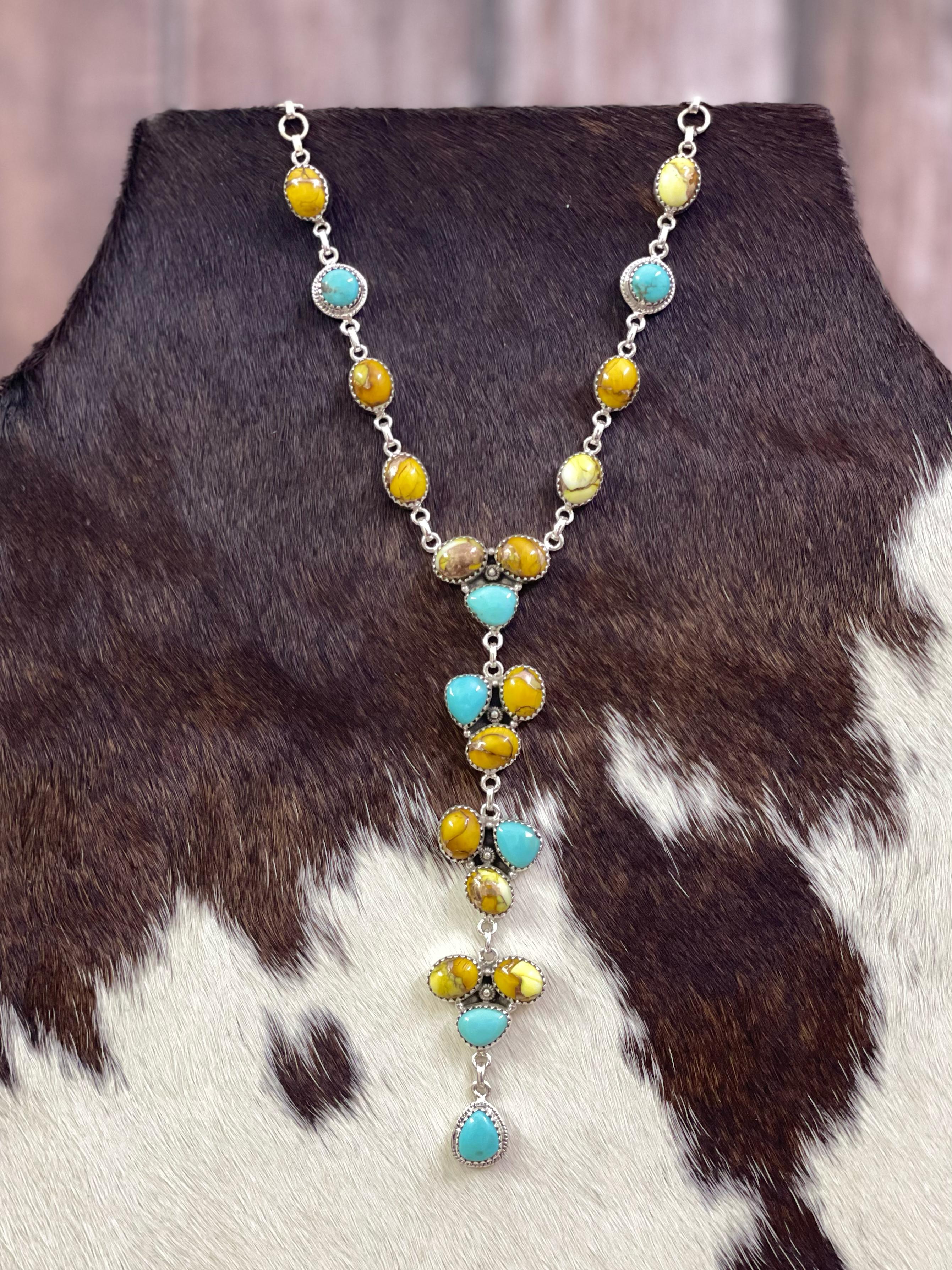 Handmade Sterling Silver Honey Dahlia with Kingman Turquoise Necklace with Signed Nizhoni