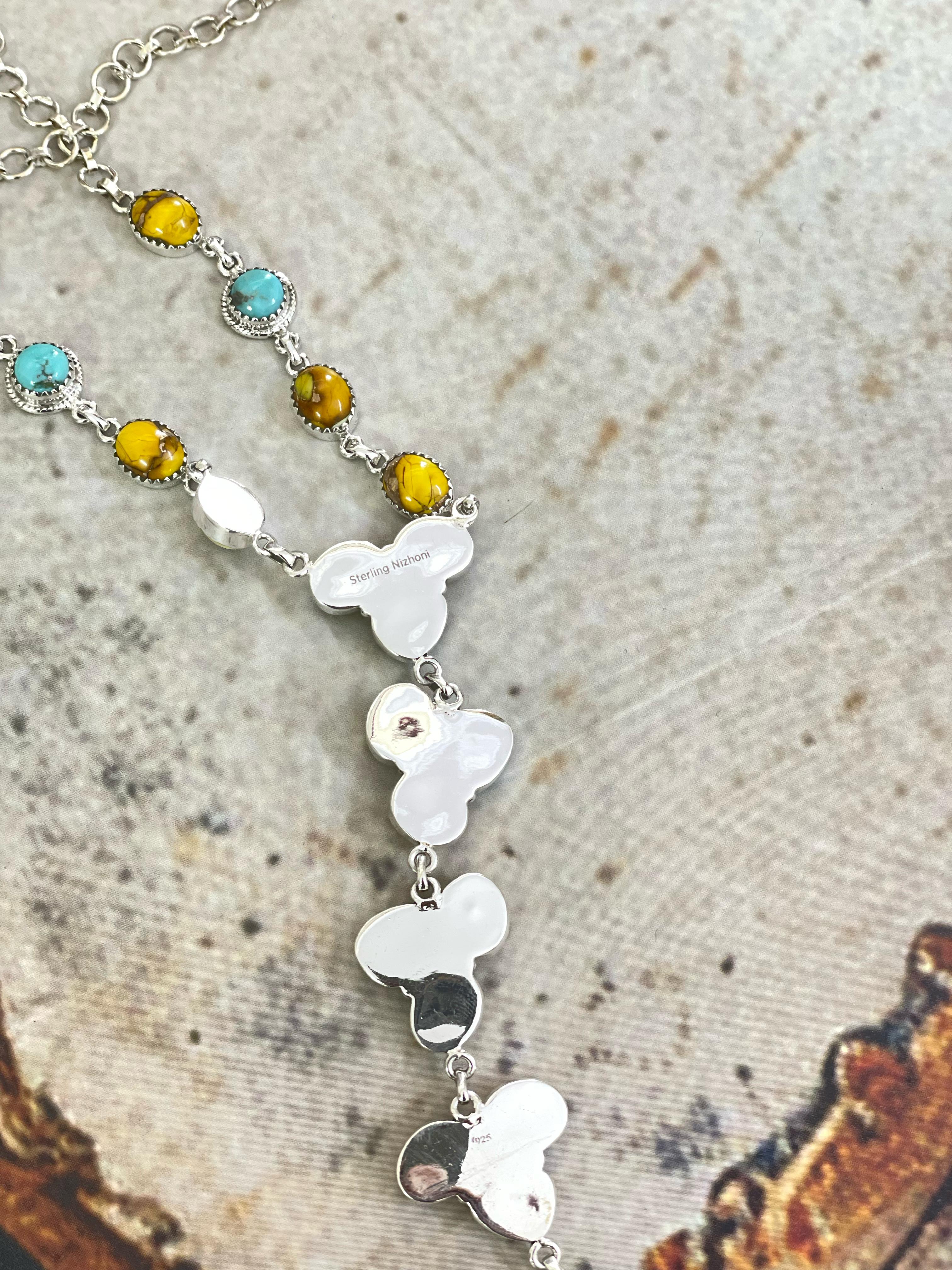 Handmade Sterling Silver Honey Dahlia with Kingman Turquoise Necklace with Signed Nizhoni
