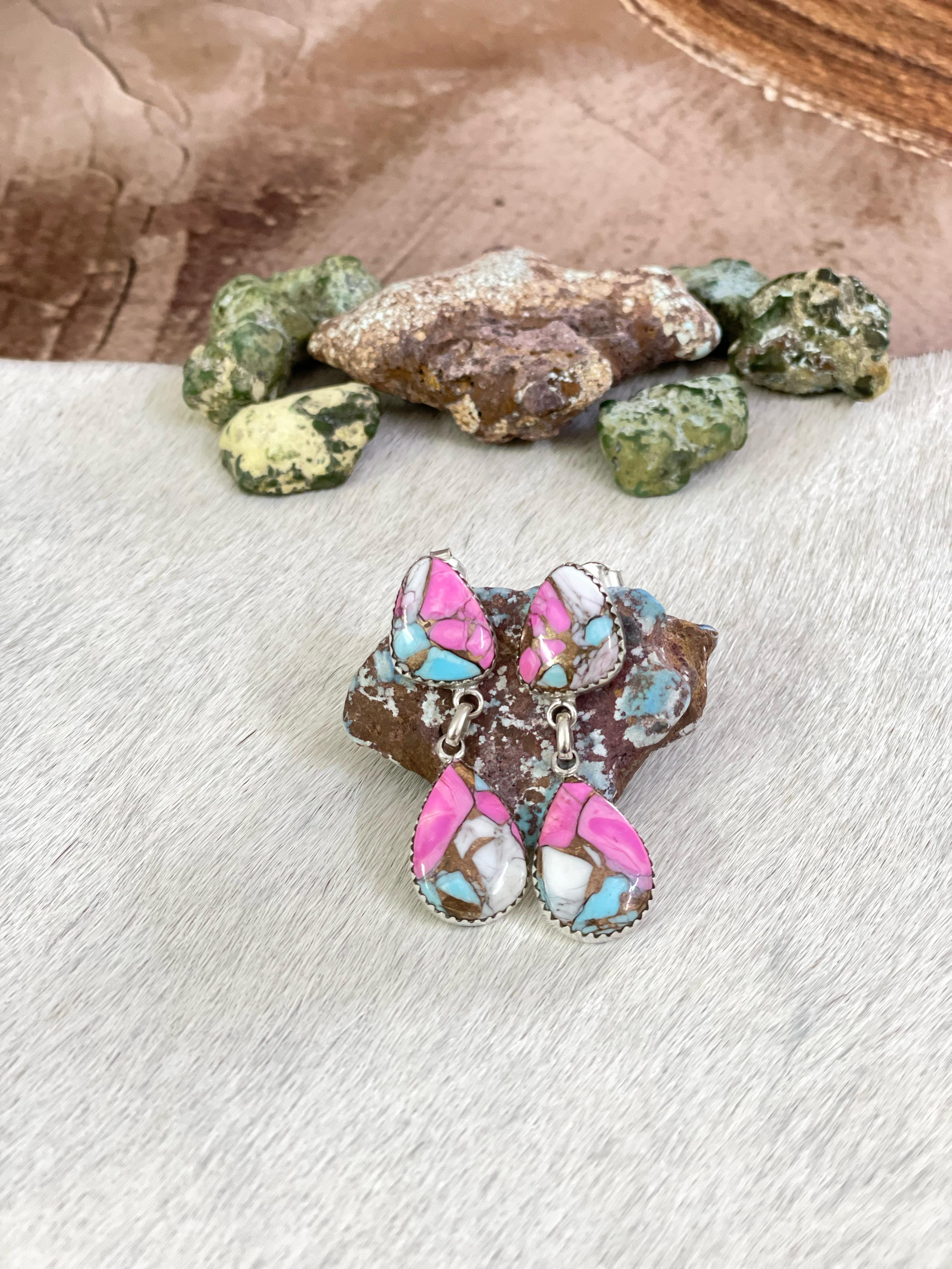 Handmade Sterling Silver Cotton Candy Turquoise Post Earrings with Signed Nizhoni