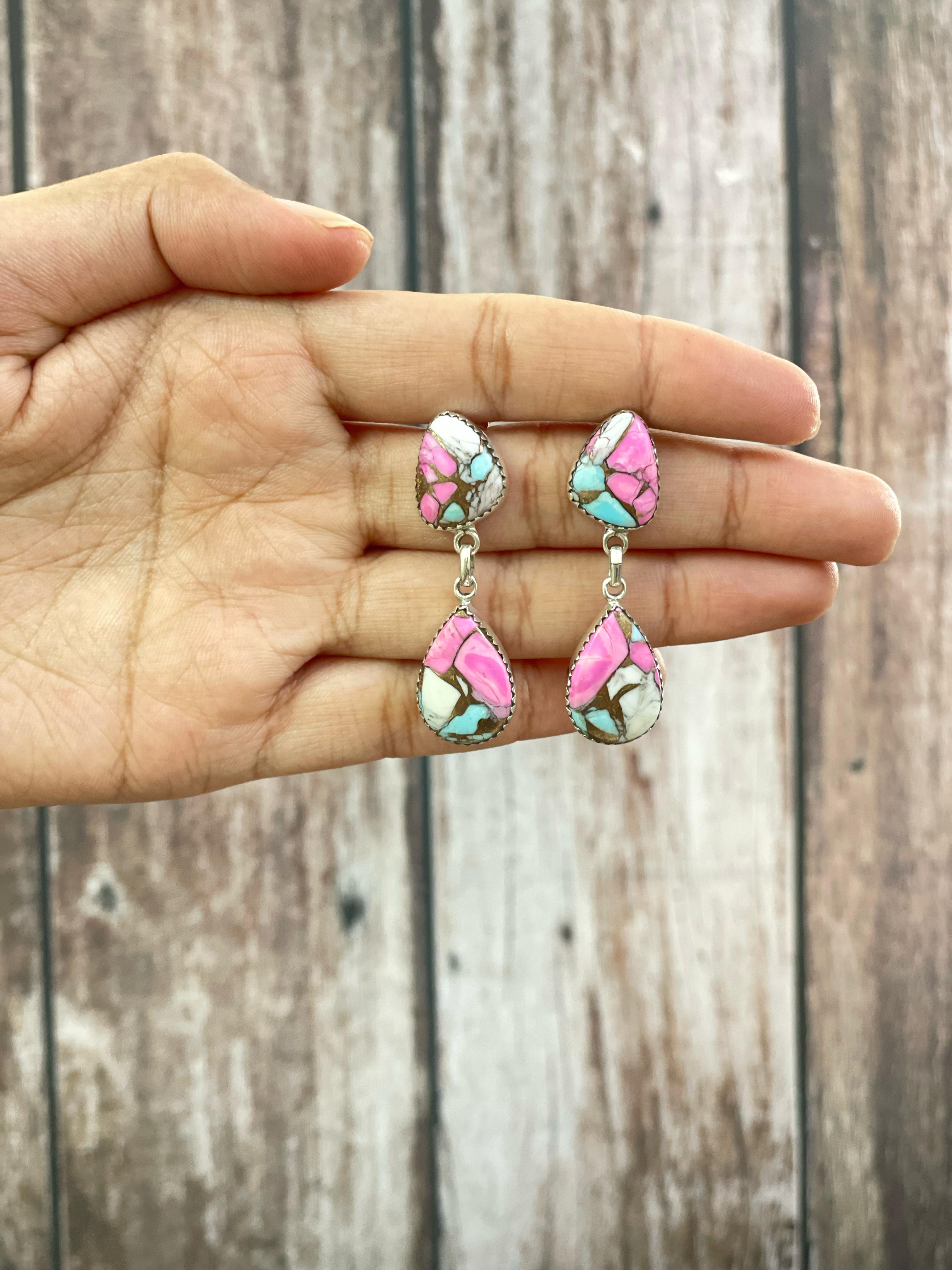 Handmade Sterling Silver Cotton Candy Turquoise Post Earrings with Signed Nizhoni