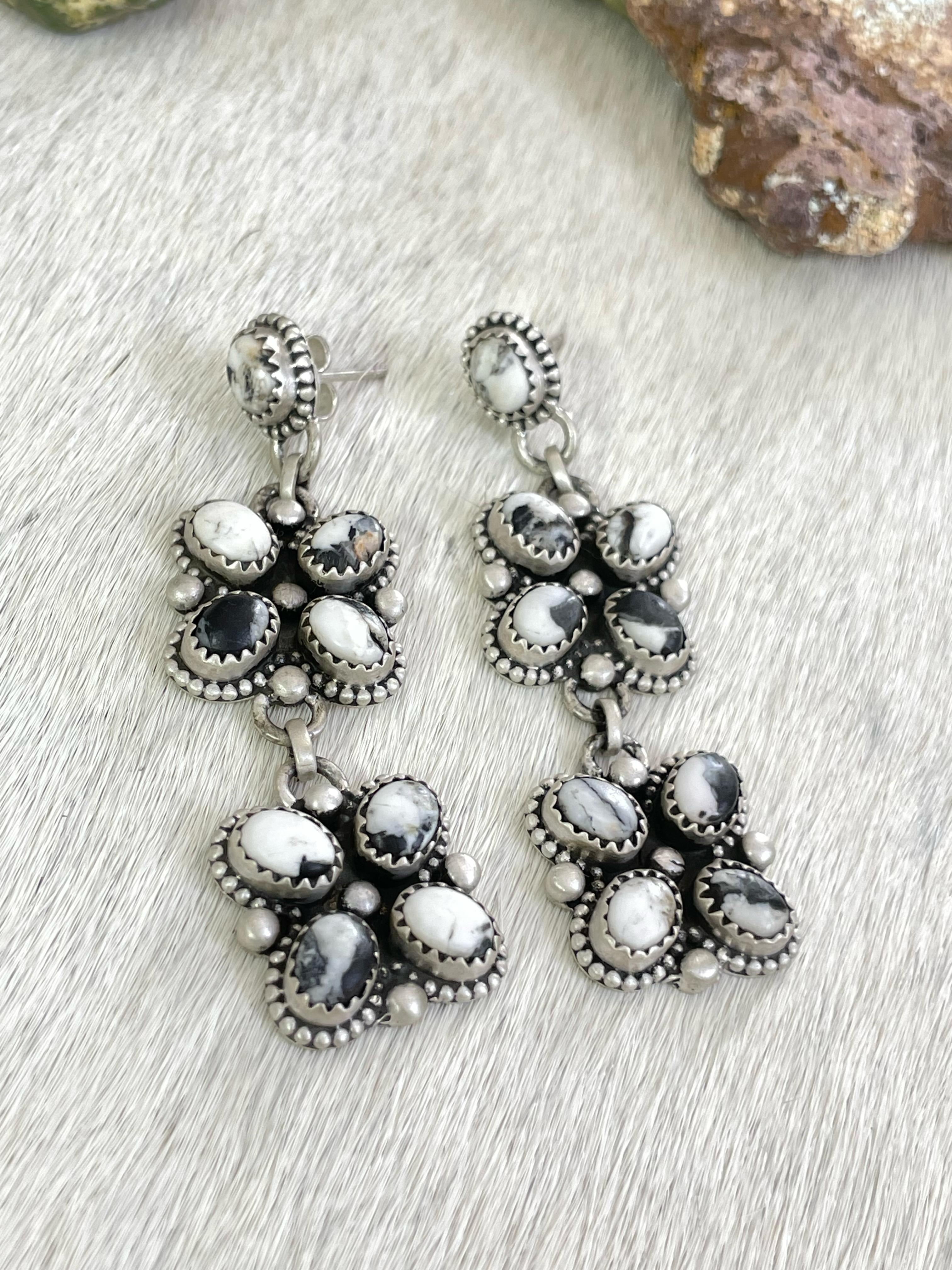 Handmade Sterling Silver White Buffalo Turquoise Post Earrings with Signed Nizhoni