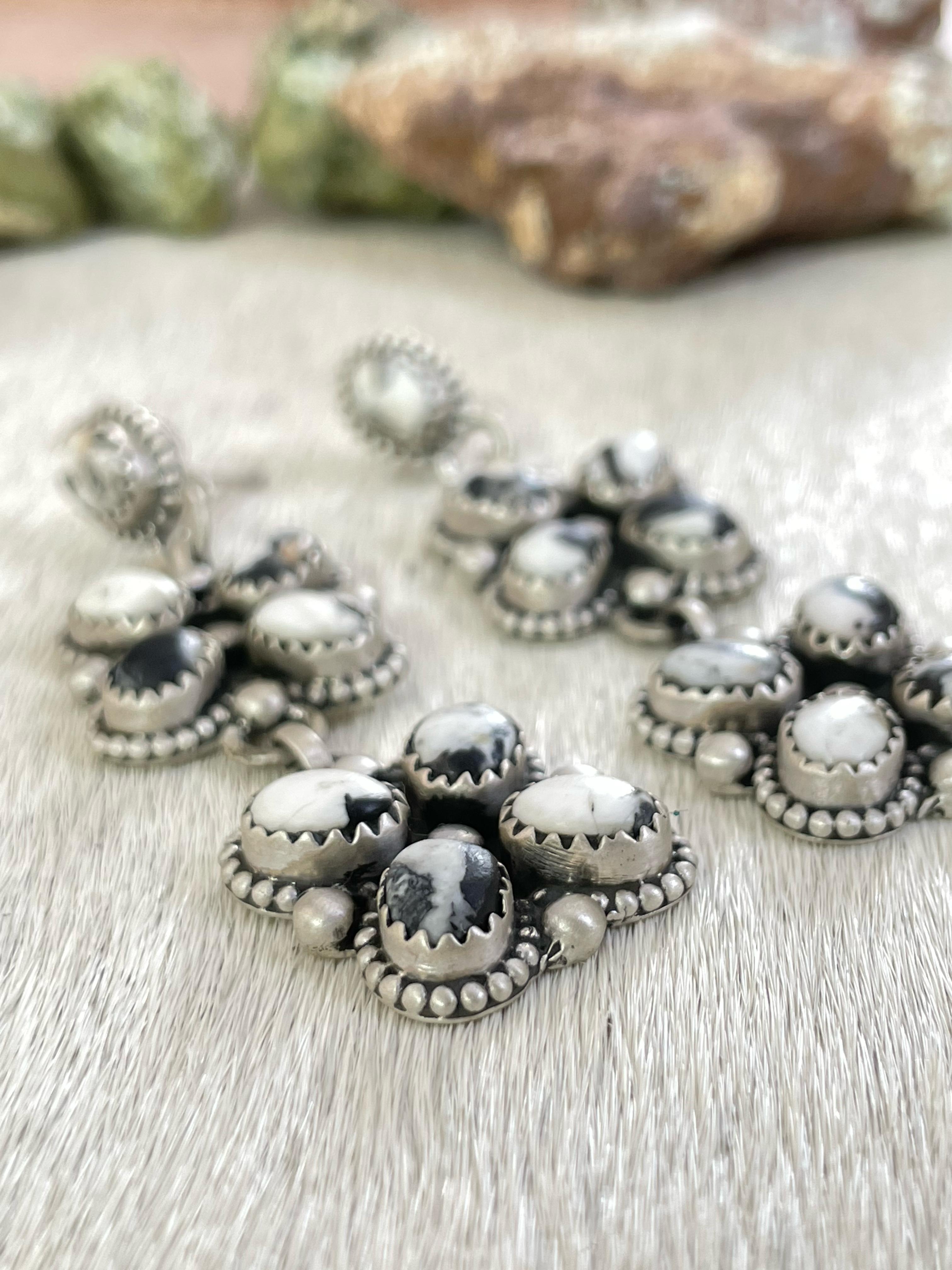 Handmade Sterling Silver White Buffalo Turquoise Post Earrings with Signed Nizhoni