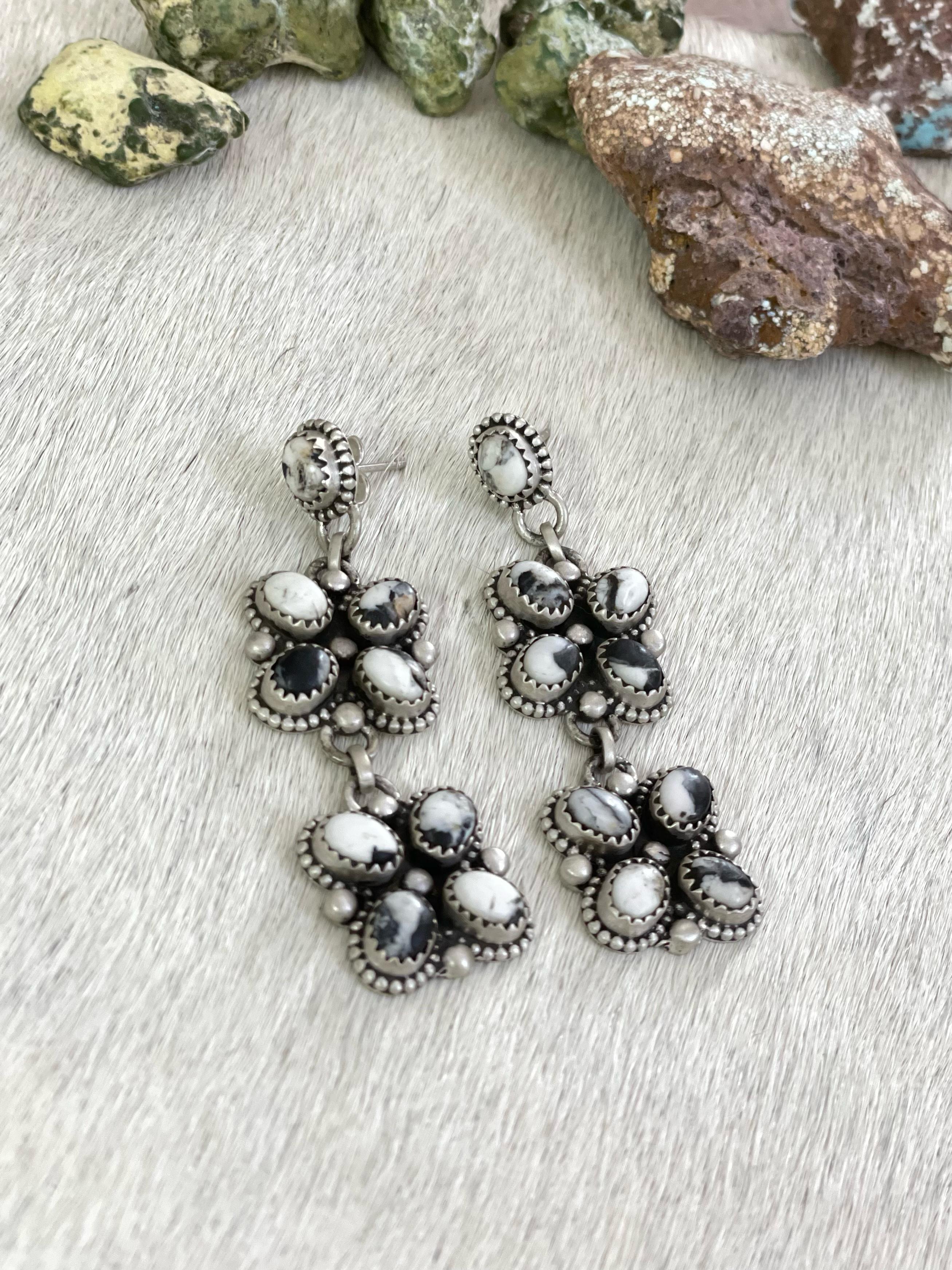 Handmade Sterling Silver White Buffalo Turquoise Post Earrings with Signed Nizhoni