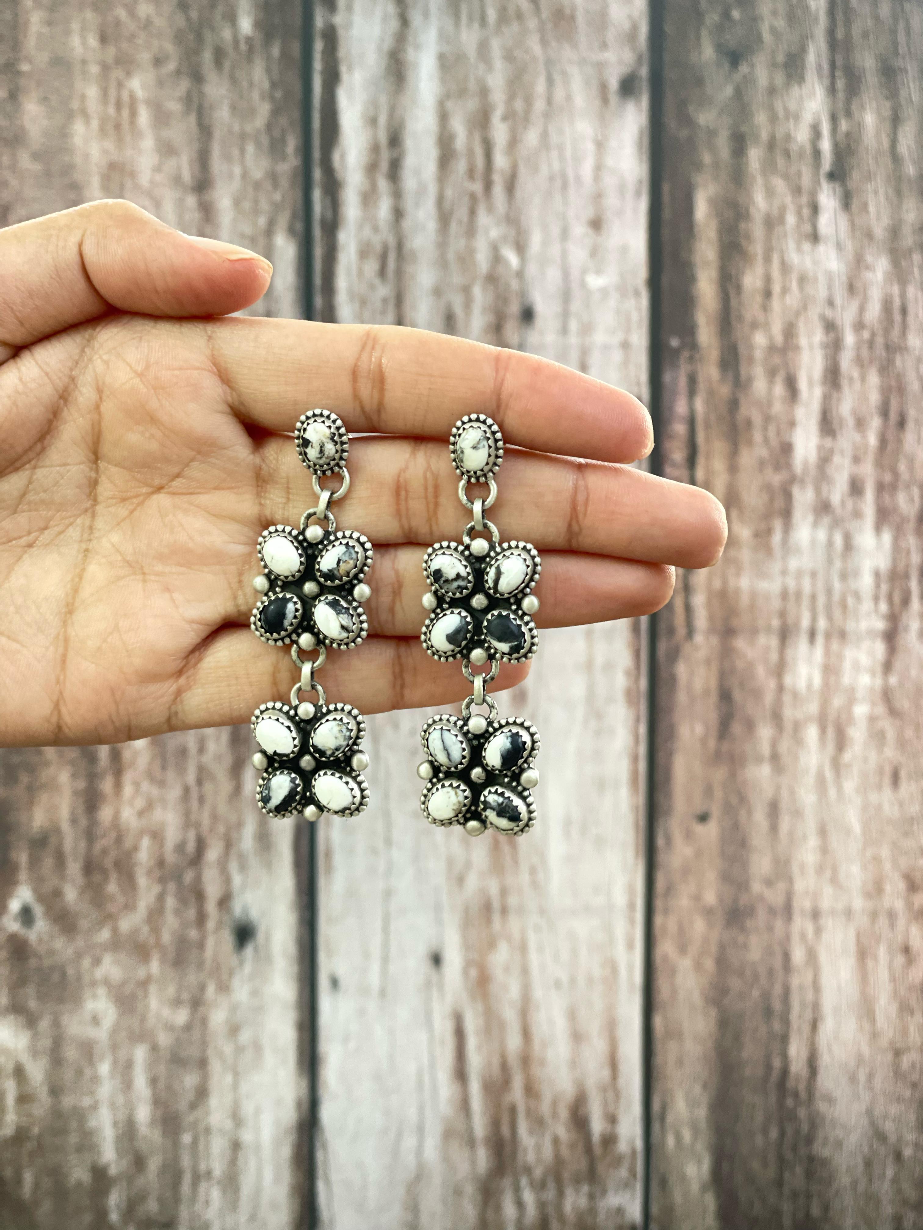 Handmade Sterling Silver White Buffalo Turquoise Post Earrings with Signed Nizhoni