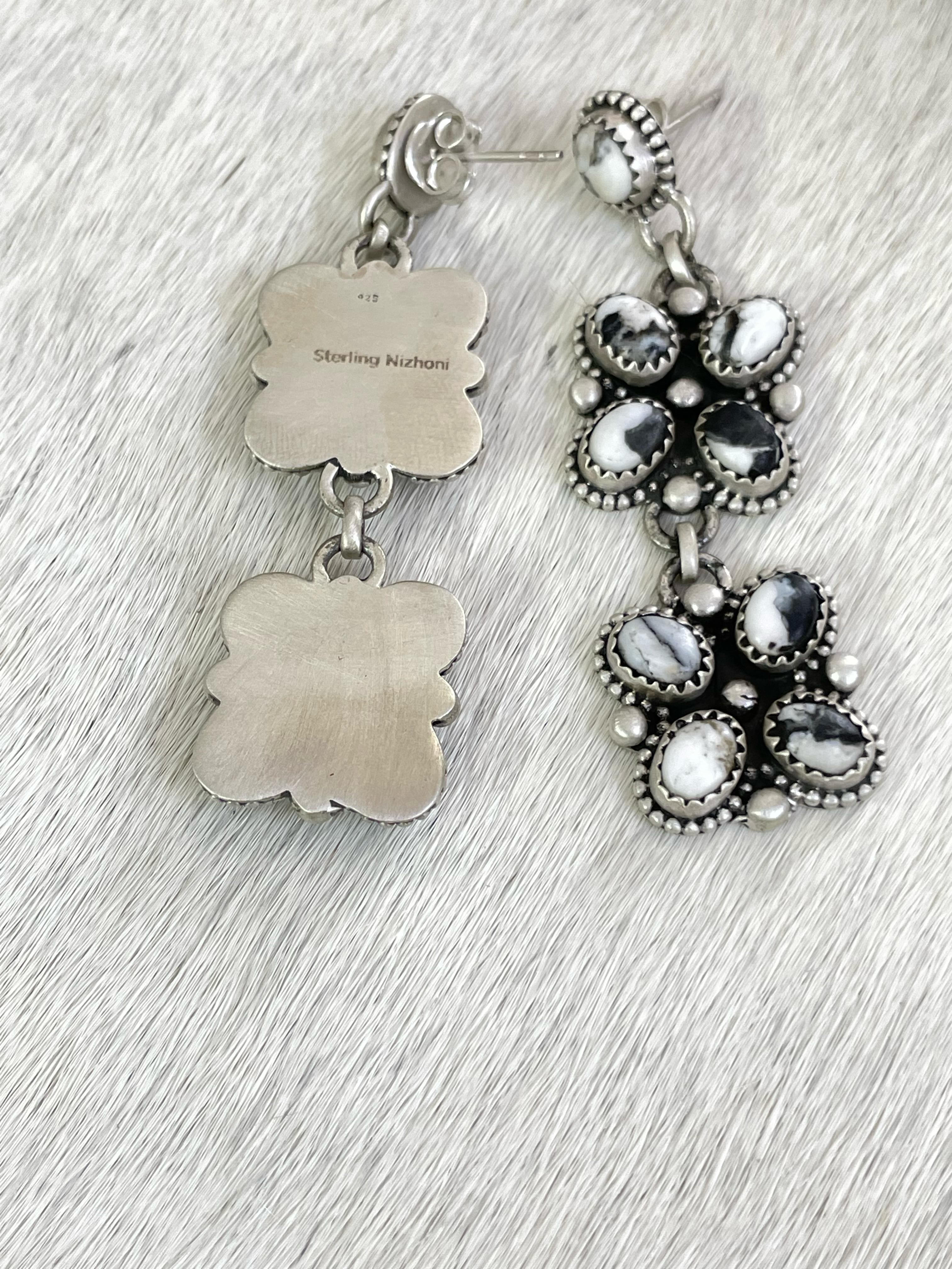 Handmade Sterling Silver White Buffalo Turquoise Post Earrings with Signed Nizhoni