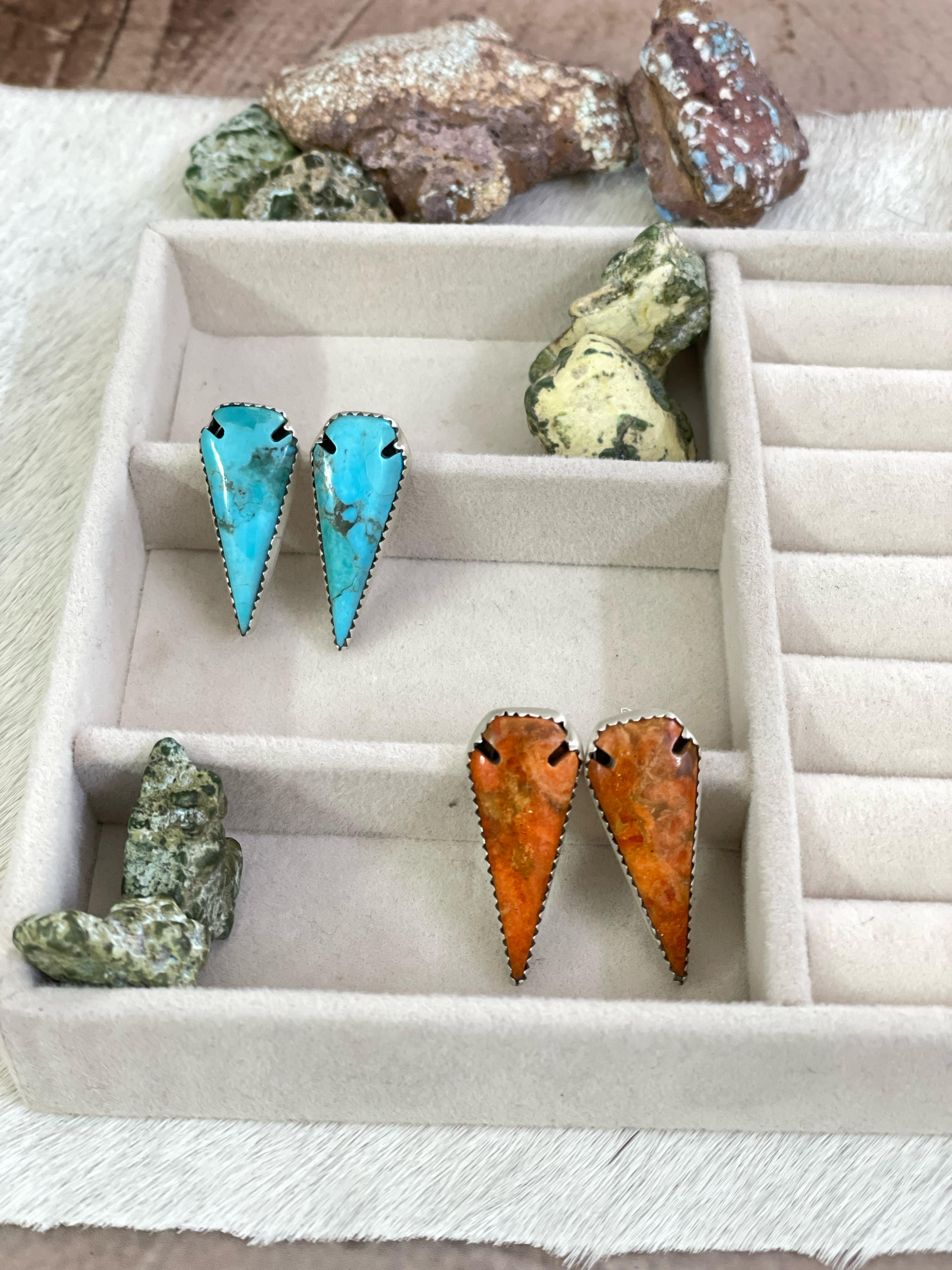 Handmade Sterling Silver Kingman and Orange Mojave Turquoise Post Earrings with Signed Nizhoni