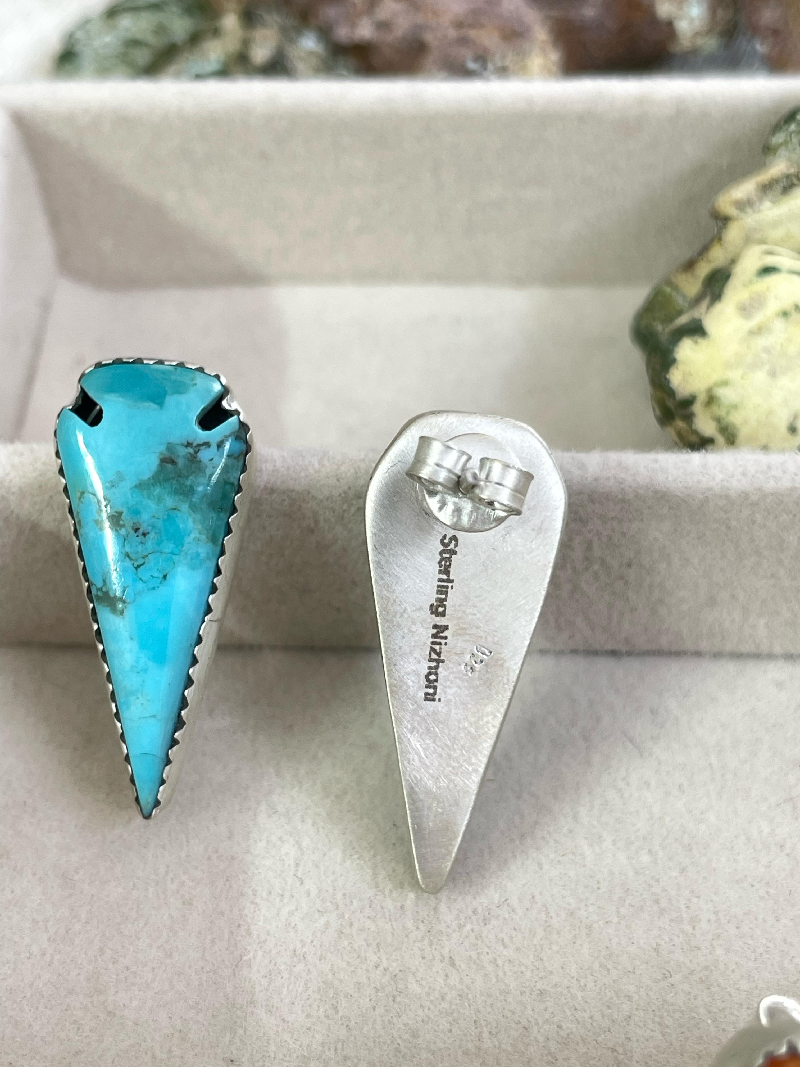 Handmade Sterling Silver Kingman and Orange Mojave Turquoise Post Earrings with Signed Nizhoni