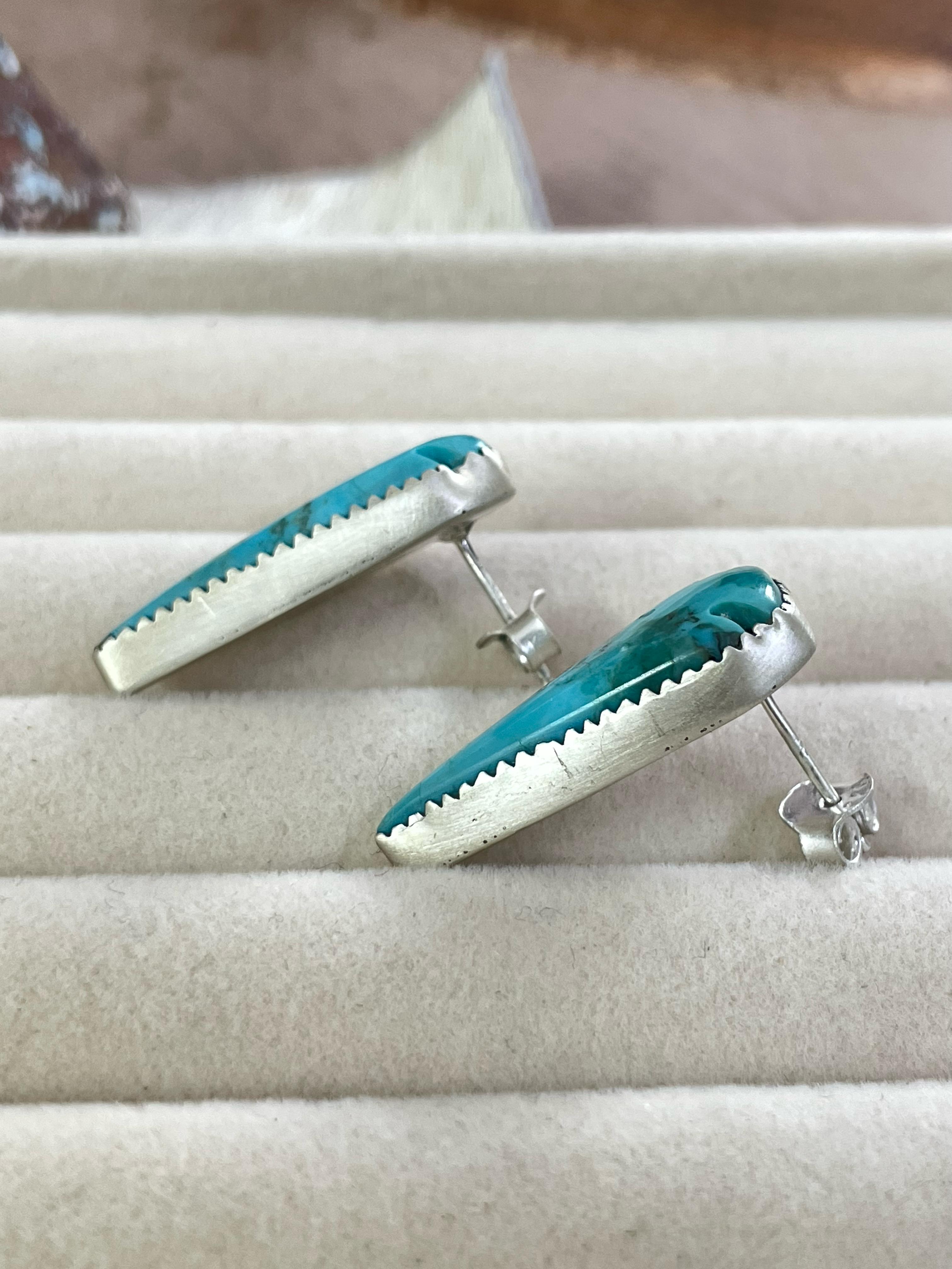 Handmade Sterling Silver Kingman and Orange Mojave Turquoise Post Earrings with Signed Nizhoni