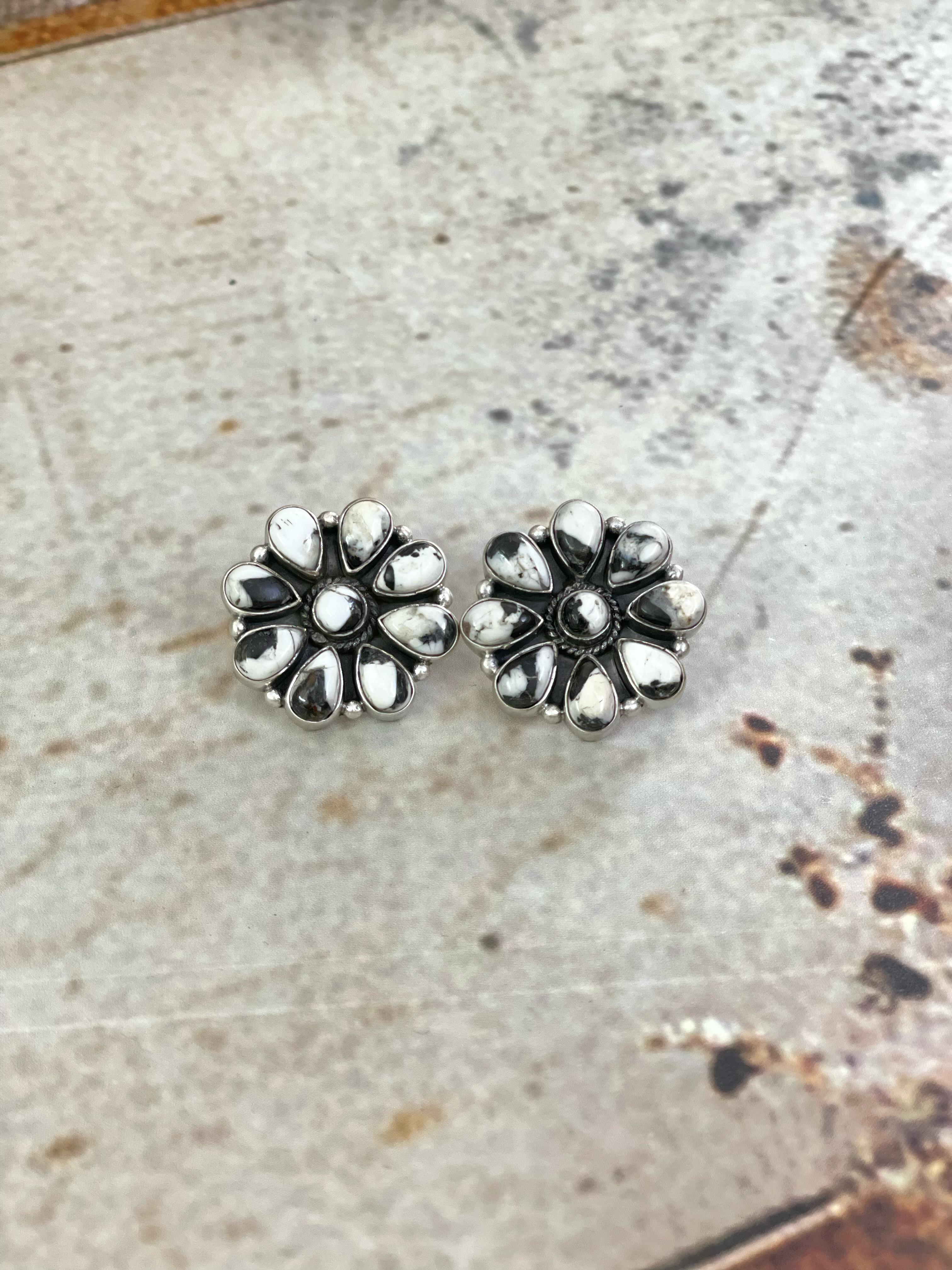 Handmade Sterling Silver White Buffalo Post Earrings with Signed Nizhoni