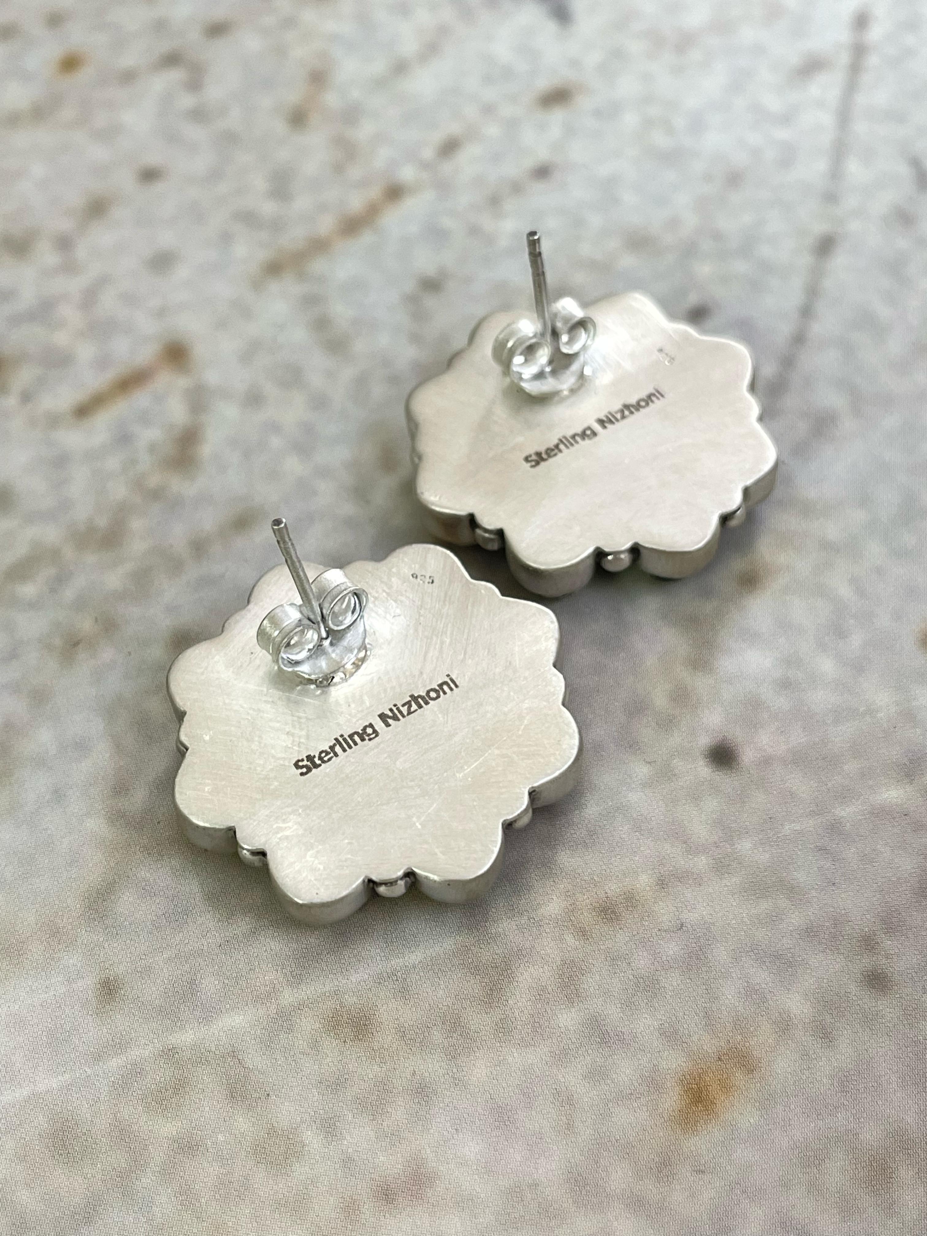 Handmade Sterling Silver White Buffalo Post Earrings with Signed Nizhoni