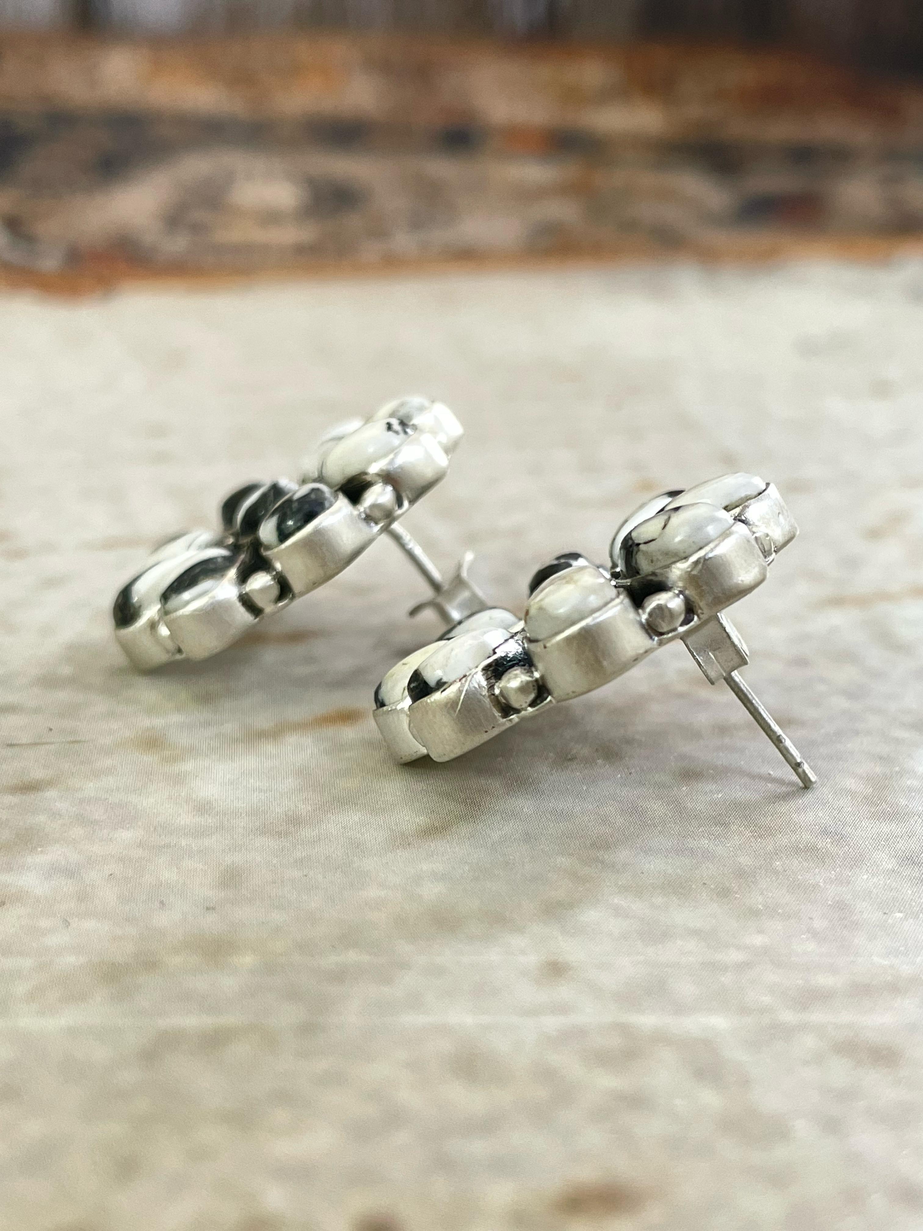 Handmade Sterling Silver White Buffalo Post Earrings with Signed Nizhoni