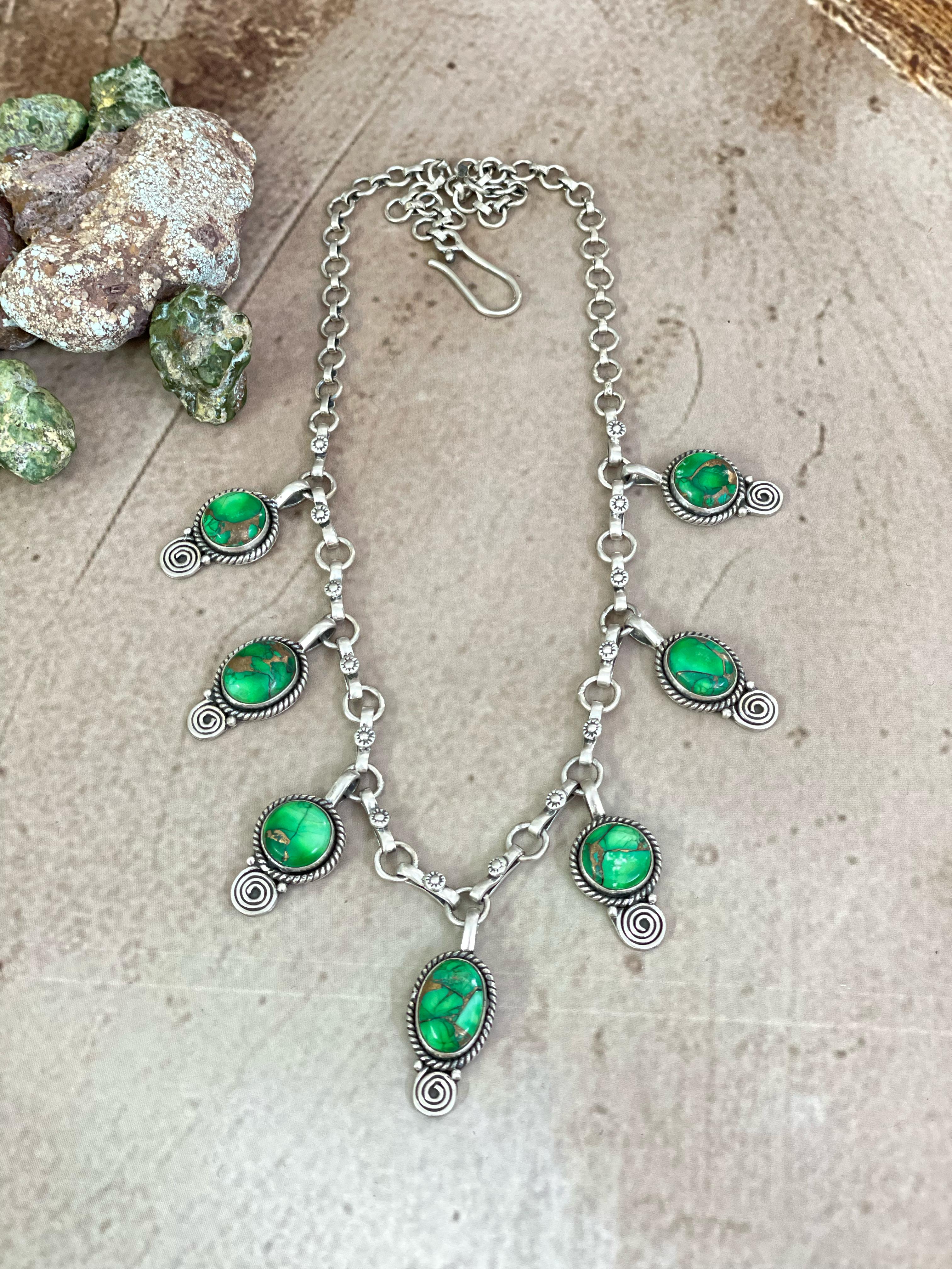 Handmade Sterling Silver Kelly Green Dahlia Necklace with Signed Nizhoni