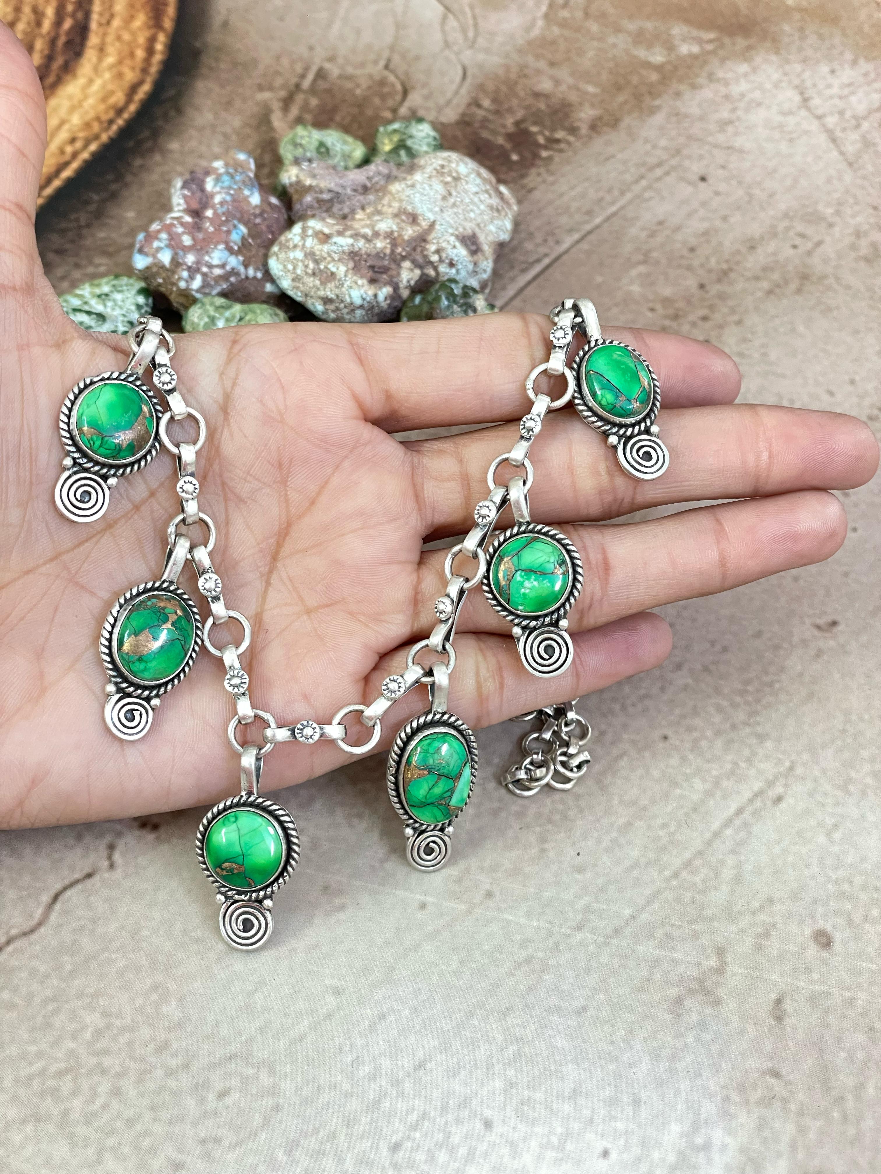 Handmade Sterling Silver Kelly Green Dahlia Necklace with Signed Nizhoni