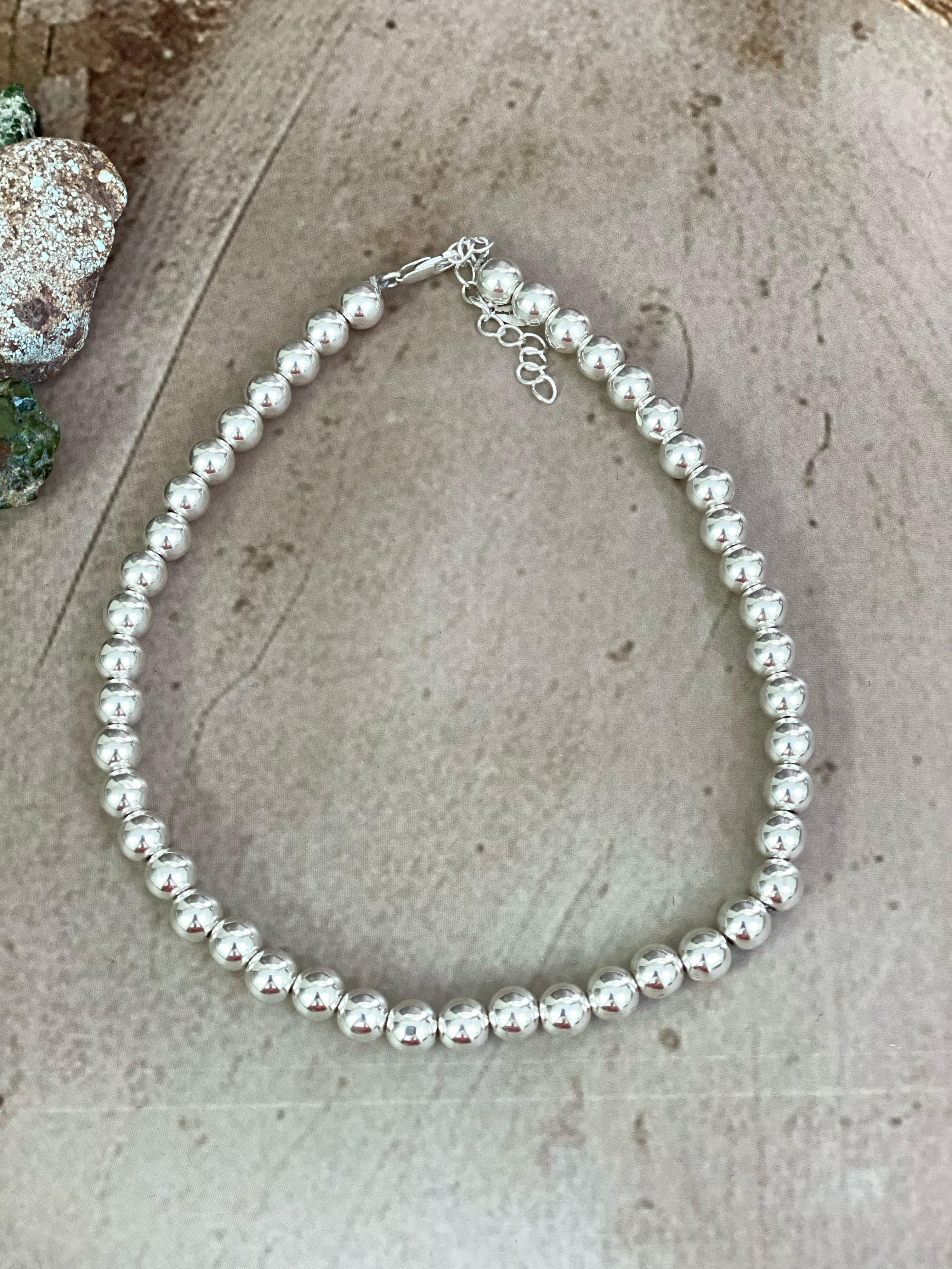 Handmade Sterling Silver 8MM + 2” Beaded Necklace with Signed Nizhoni