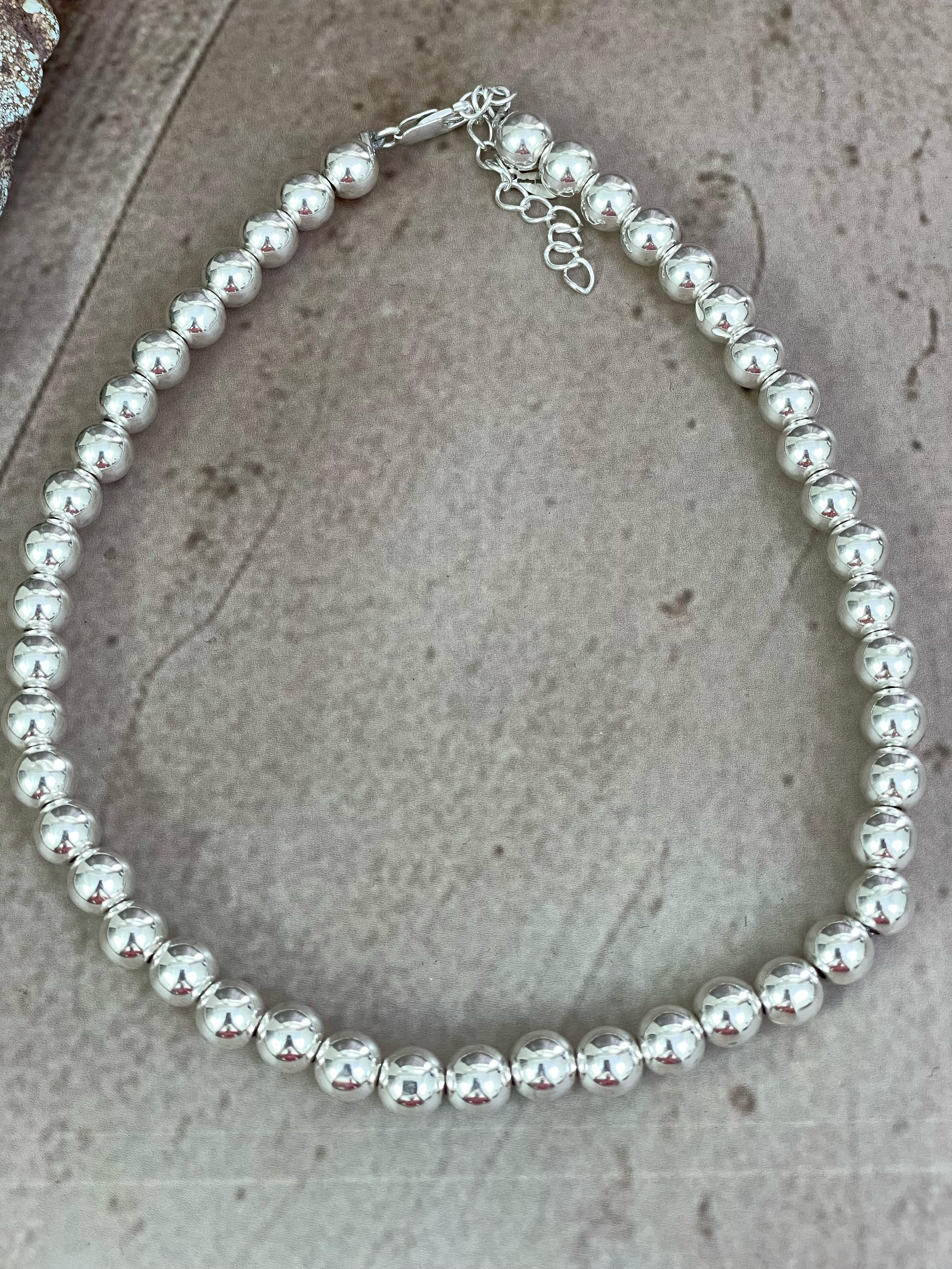 Handmade Elegance Sterling Silver 8MM + 2” Beaded Necklace with Signed Nizhoni