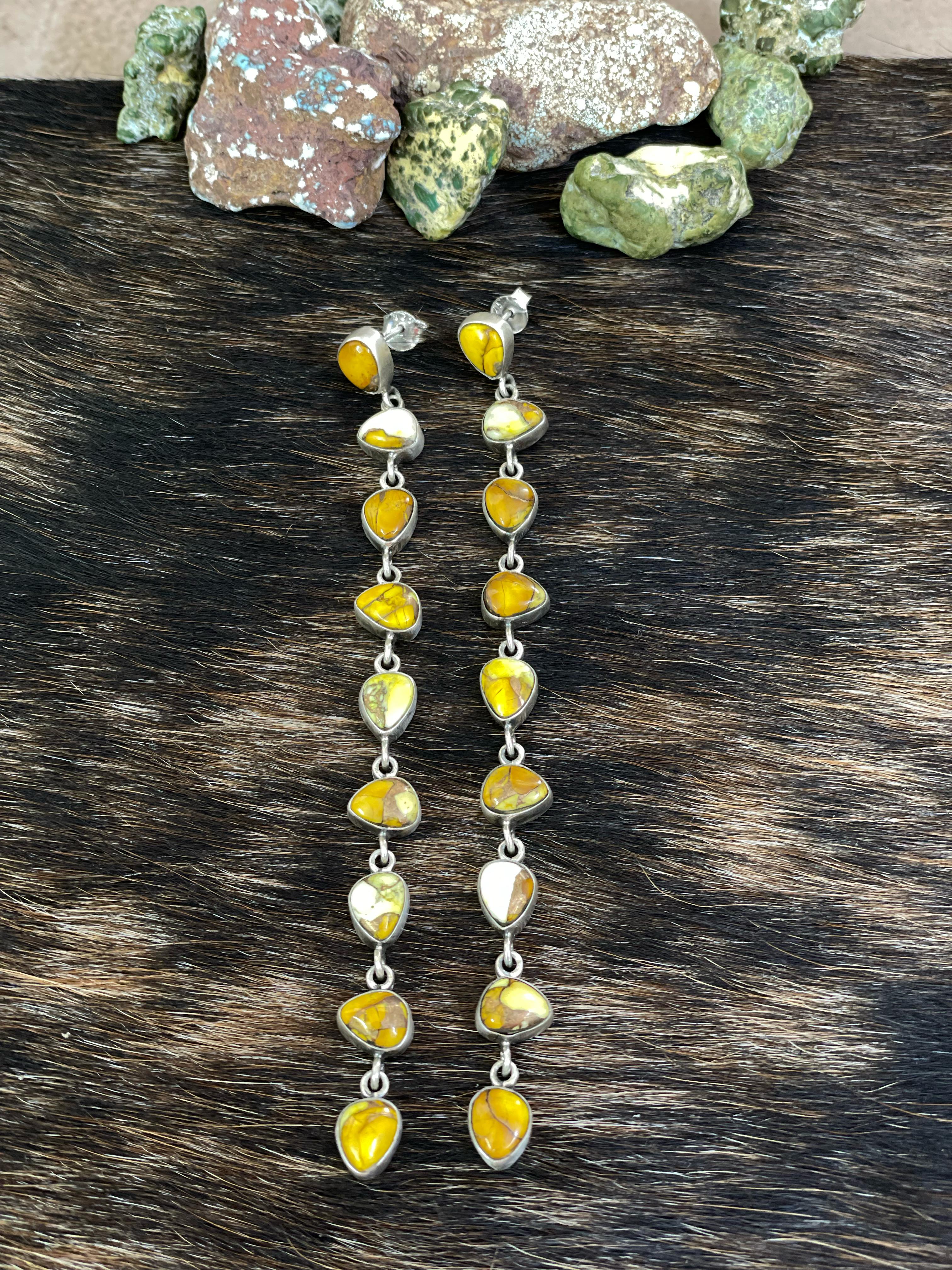 Handmade Sterling Silver Honey Dahlia Dangles Earrings with Signed Nizhoni