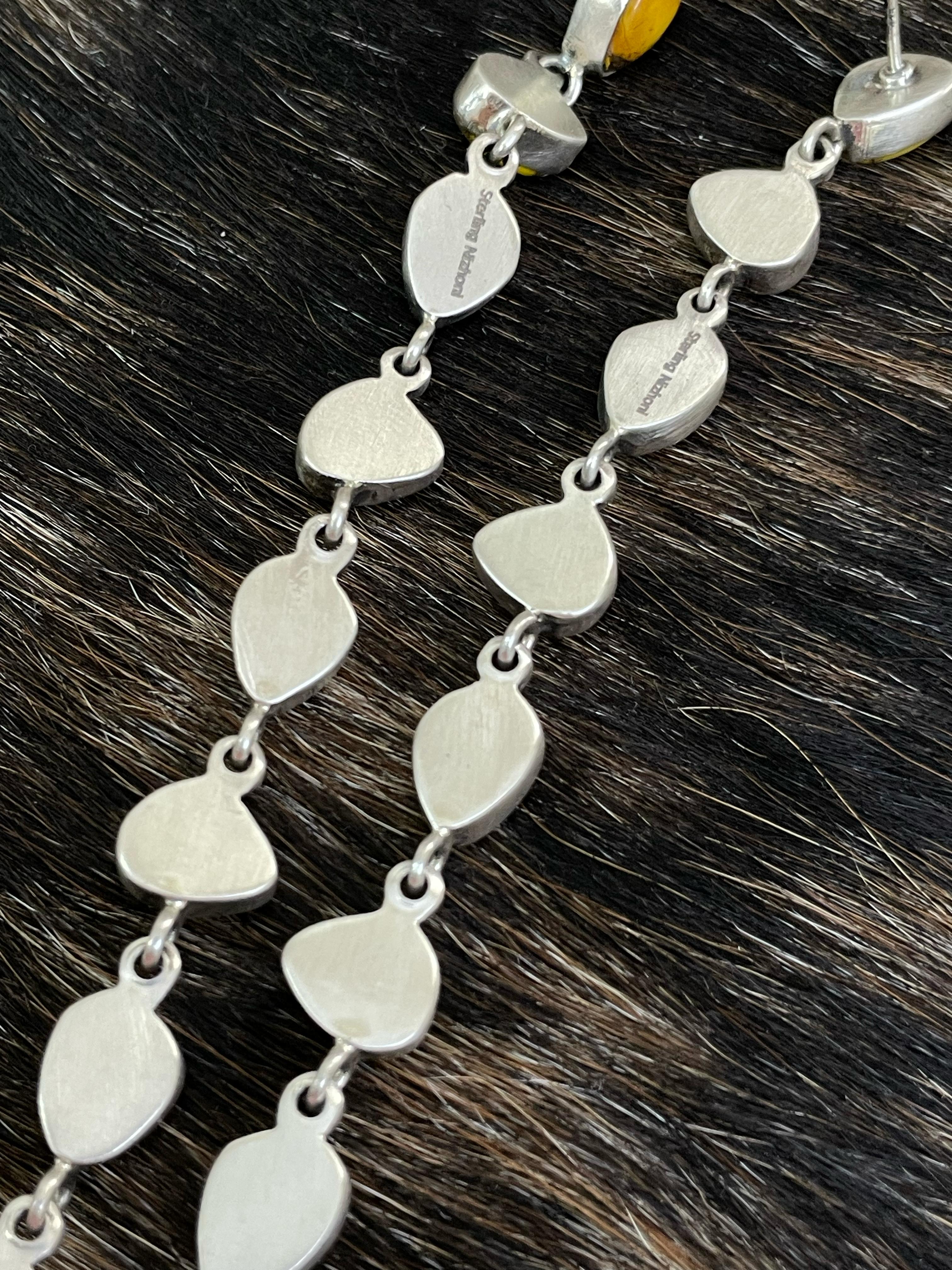 Handmade Sterling Silver Honey Dahlia Dangles Earrings with Signed Nizhoni