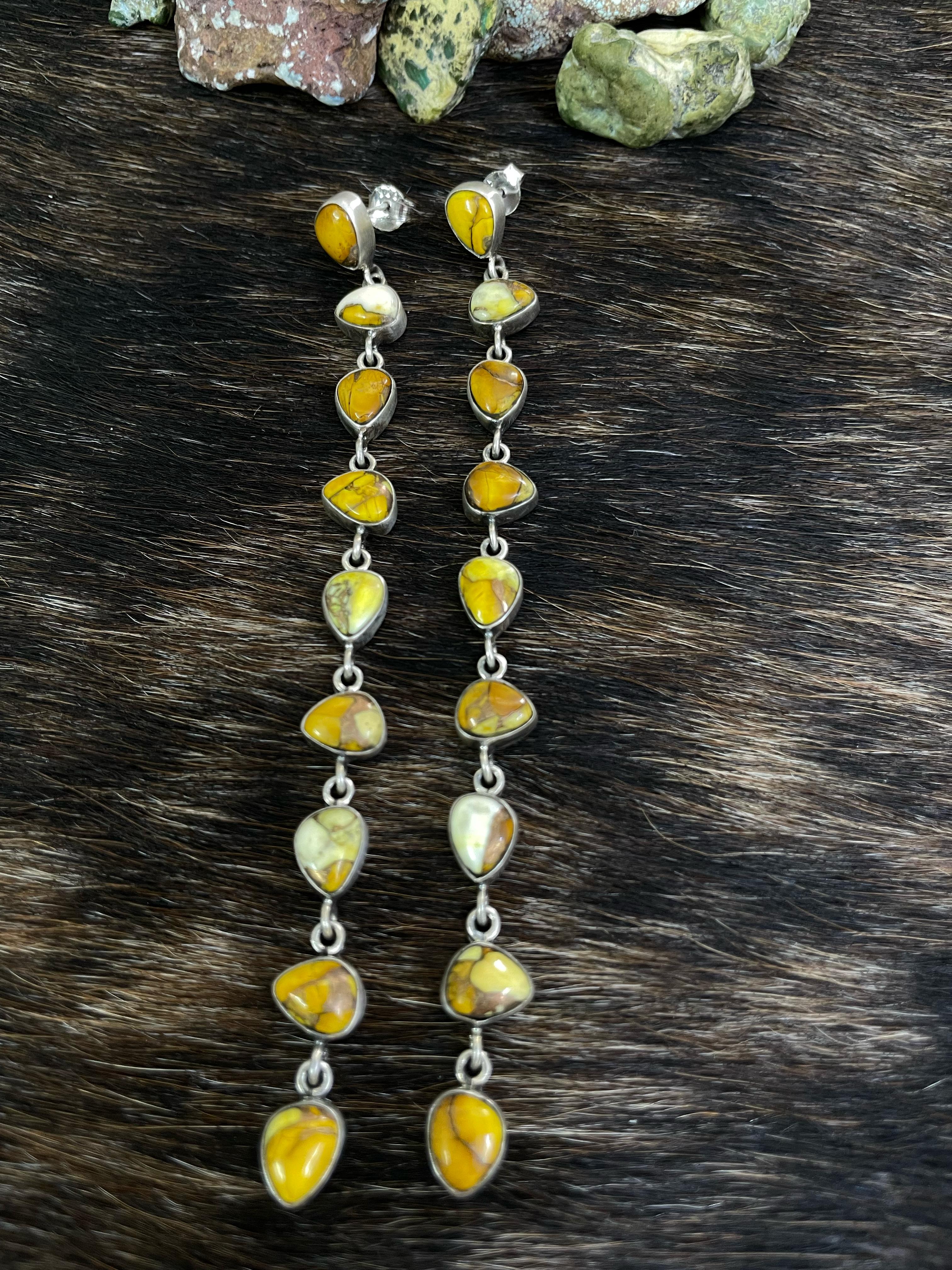 Handmade Sterling Silver Honey Dahlia Dangles Earrings with Signed Nizhoni