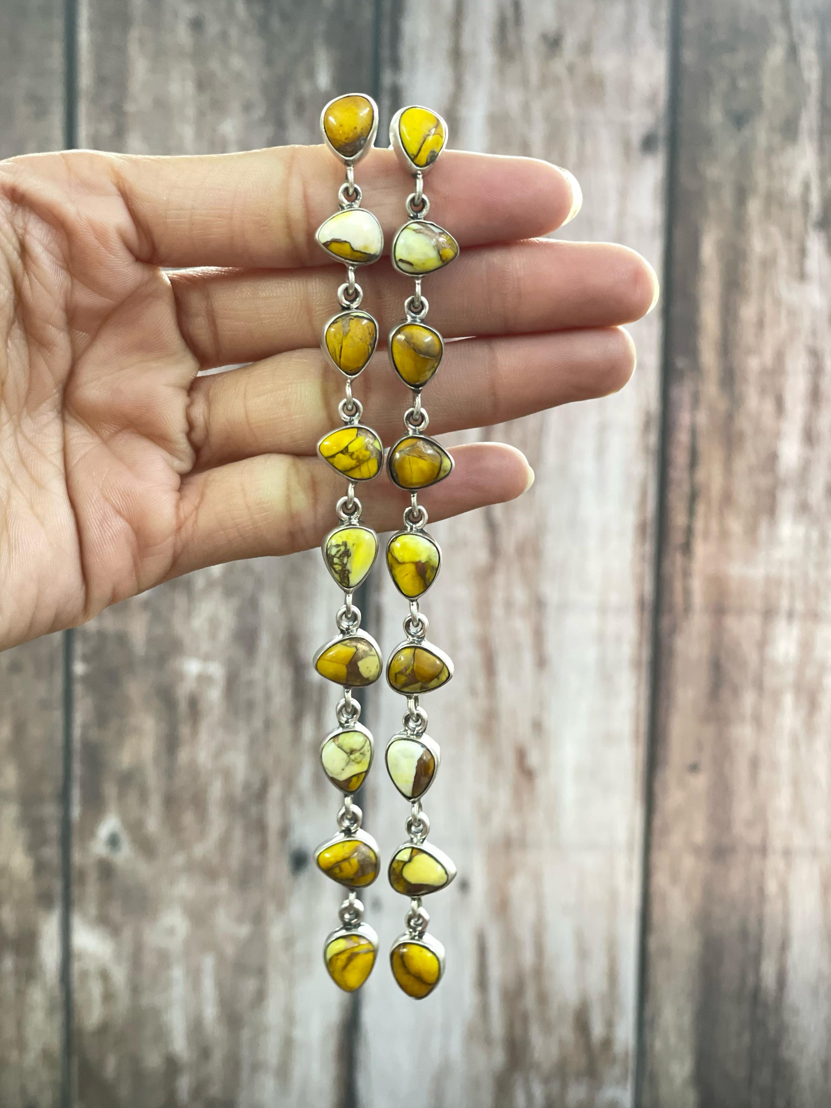 Handmade Sterling Silver Honey Dahlia Dangles Earrings with Signed Nizhoni