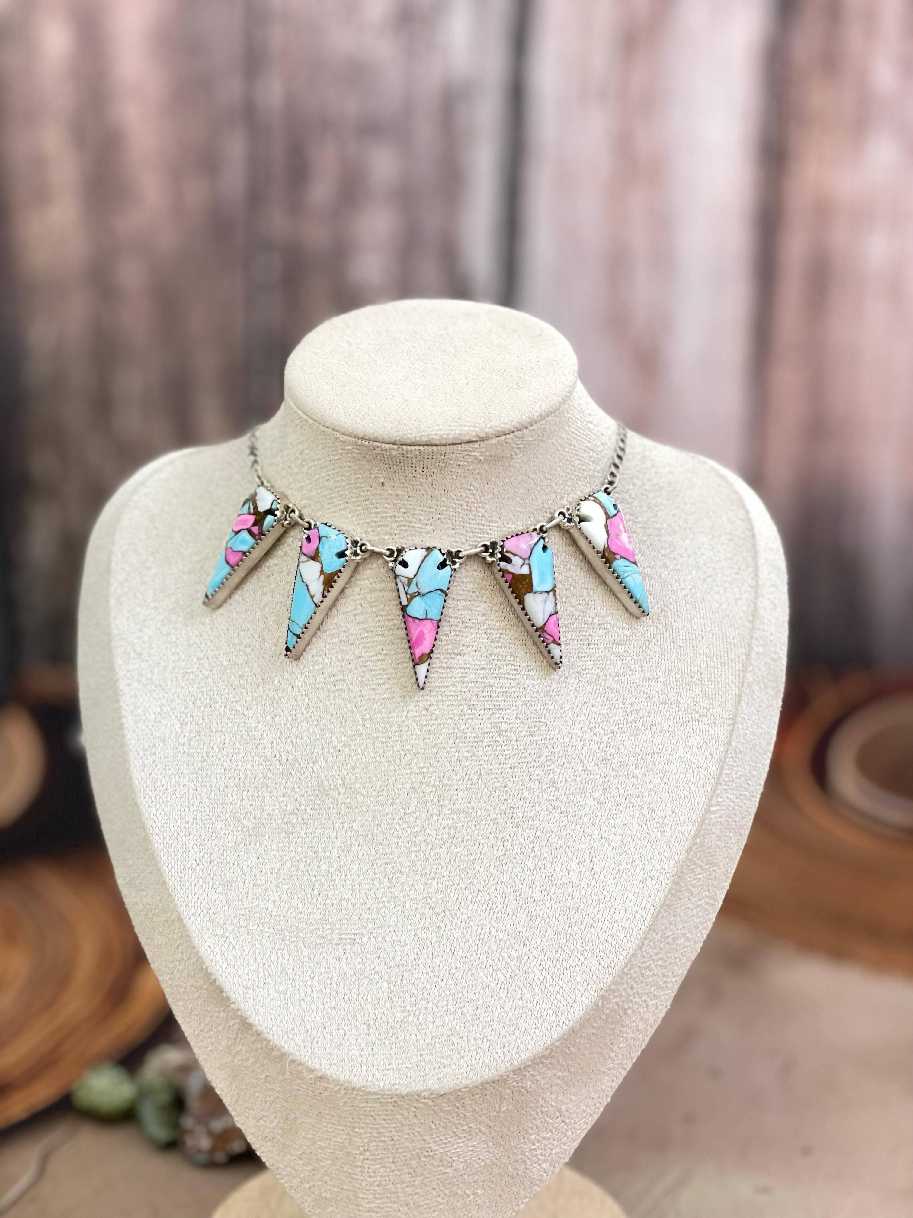 Handmade Sterling Silver Dahlia Rose, Honey Dahlia, Cotton Candy Turquoise Necklace with Signed Nizhoni