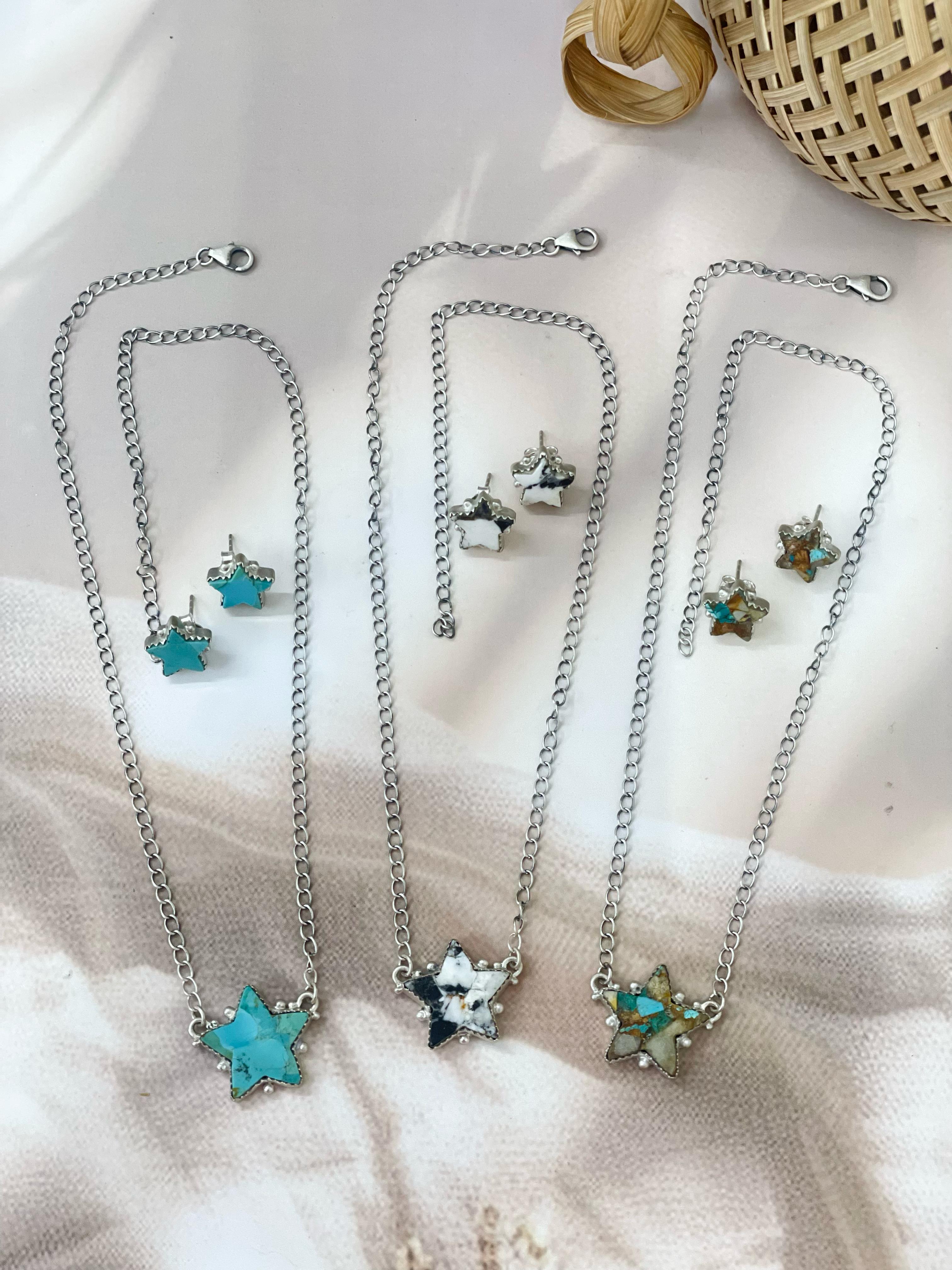 Handmade Sterling Silver Royston, White Buffalo, Kingman Turquoise Star Necklace Post Earring Set with Signed Nizhoni