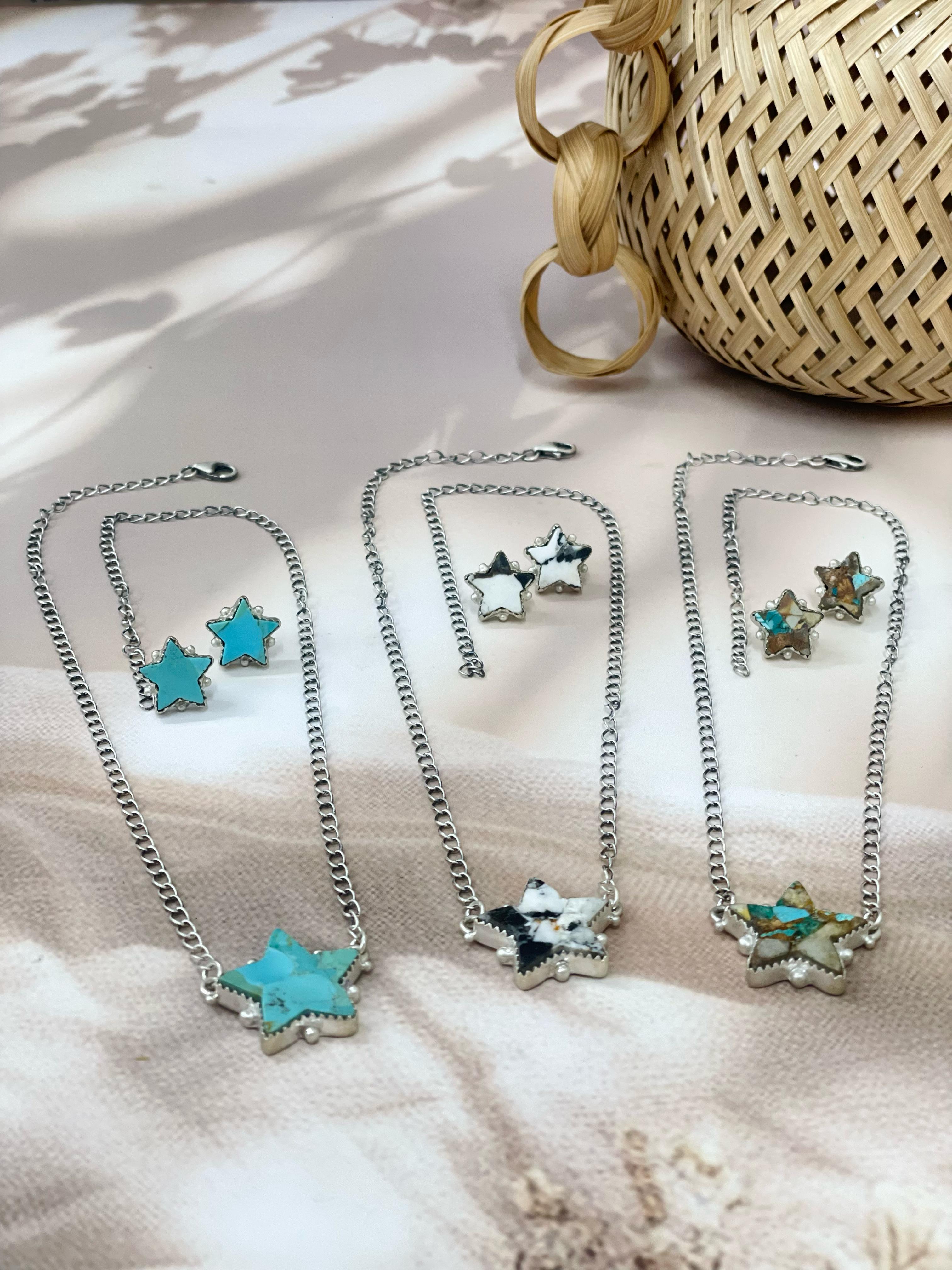 Handmade Sterling Silver Royston, White Buffalo, Kingman Turquoise Star Necklace Post Earring Set with Signed Nizhoni