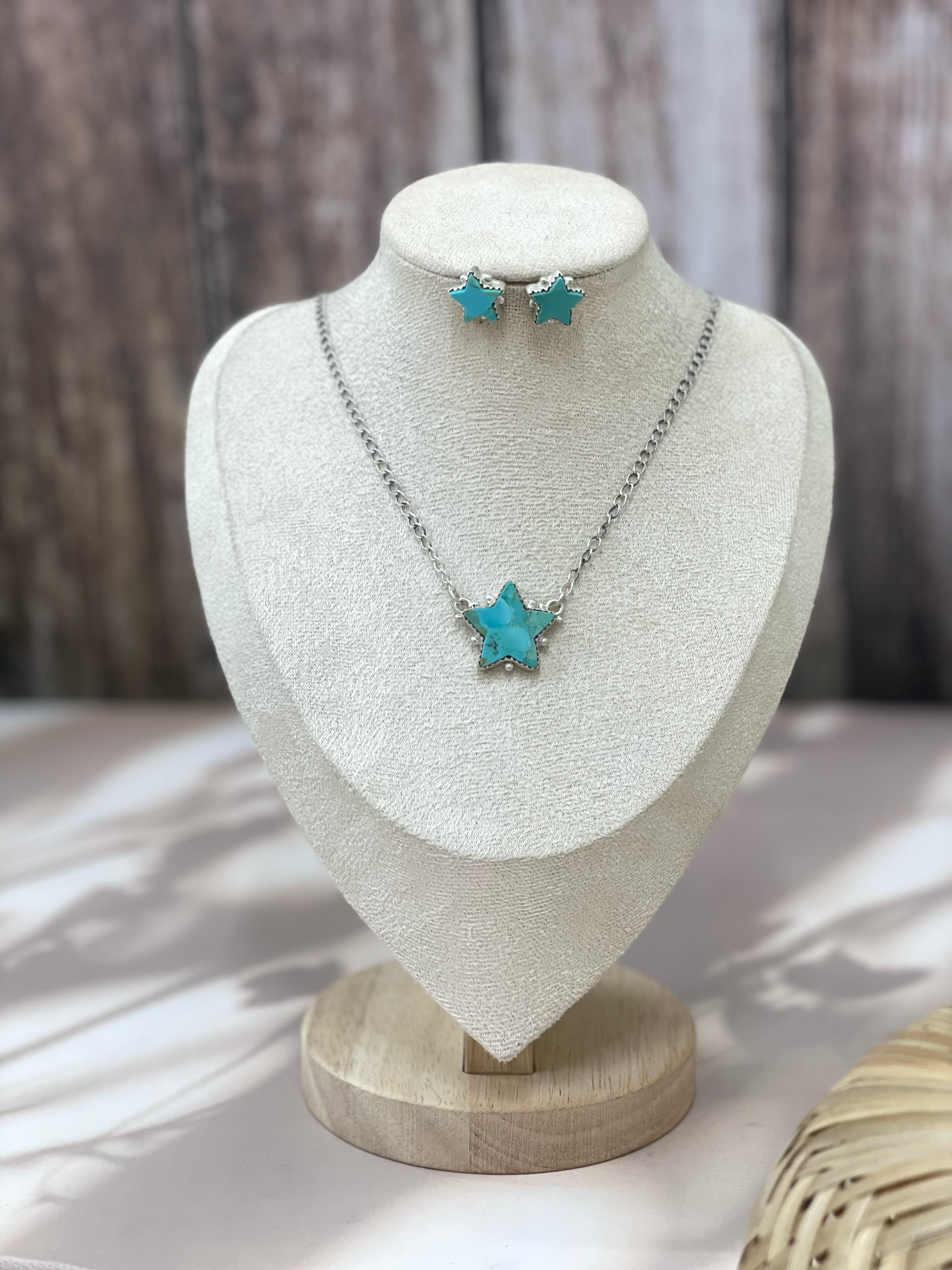Handmade Sterling Silver Royston, White Buffalo, Kingman Turquoise Star Necklace Post Earring Set with Signed Nizhoni