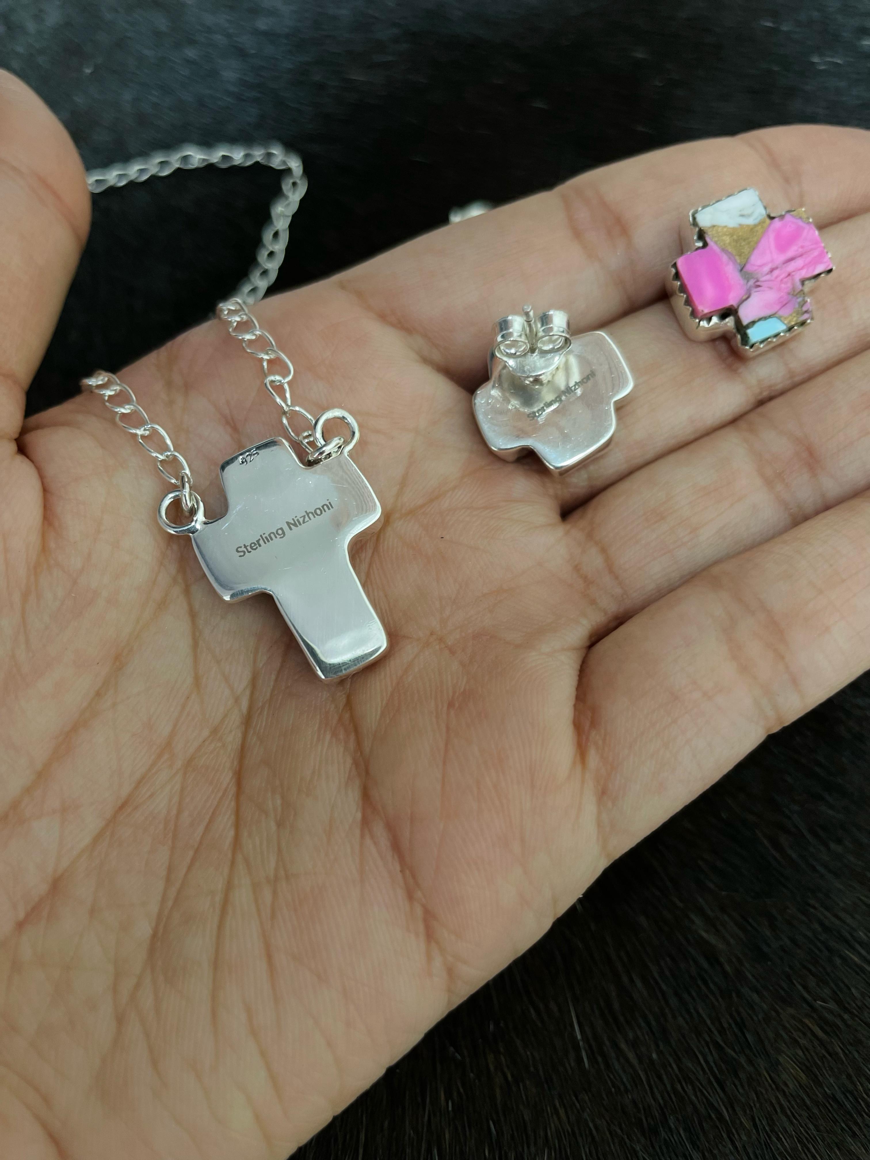 Handmade Sterling Silver Cotton Candy Turquoise Necklace Post Earring Set with Signed Nizhoni