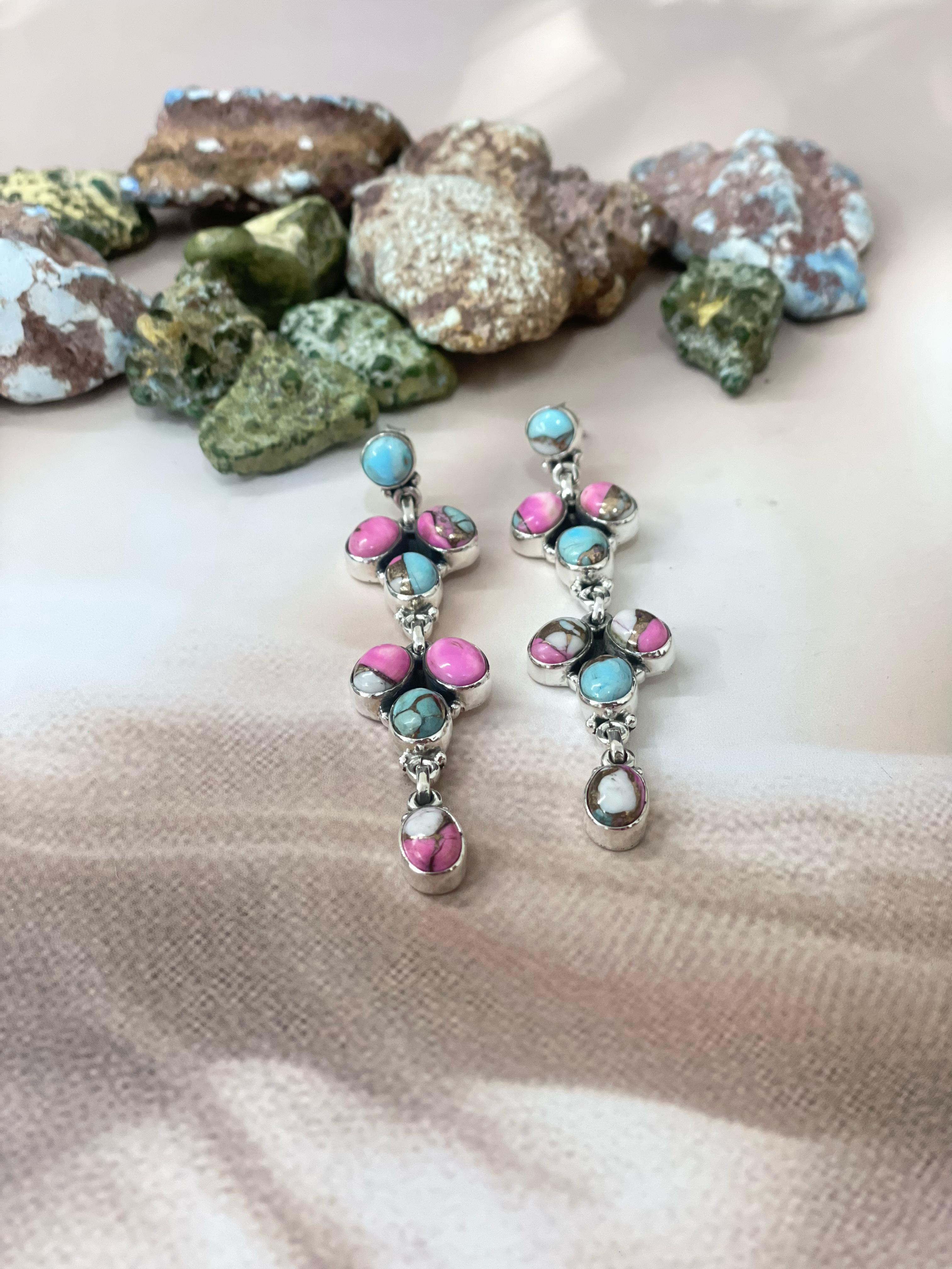 Handmade Sterling Silver Cotton Candy Turquoise Dangles Earrings with Signed Nizhoni