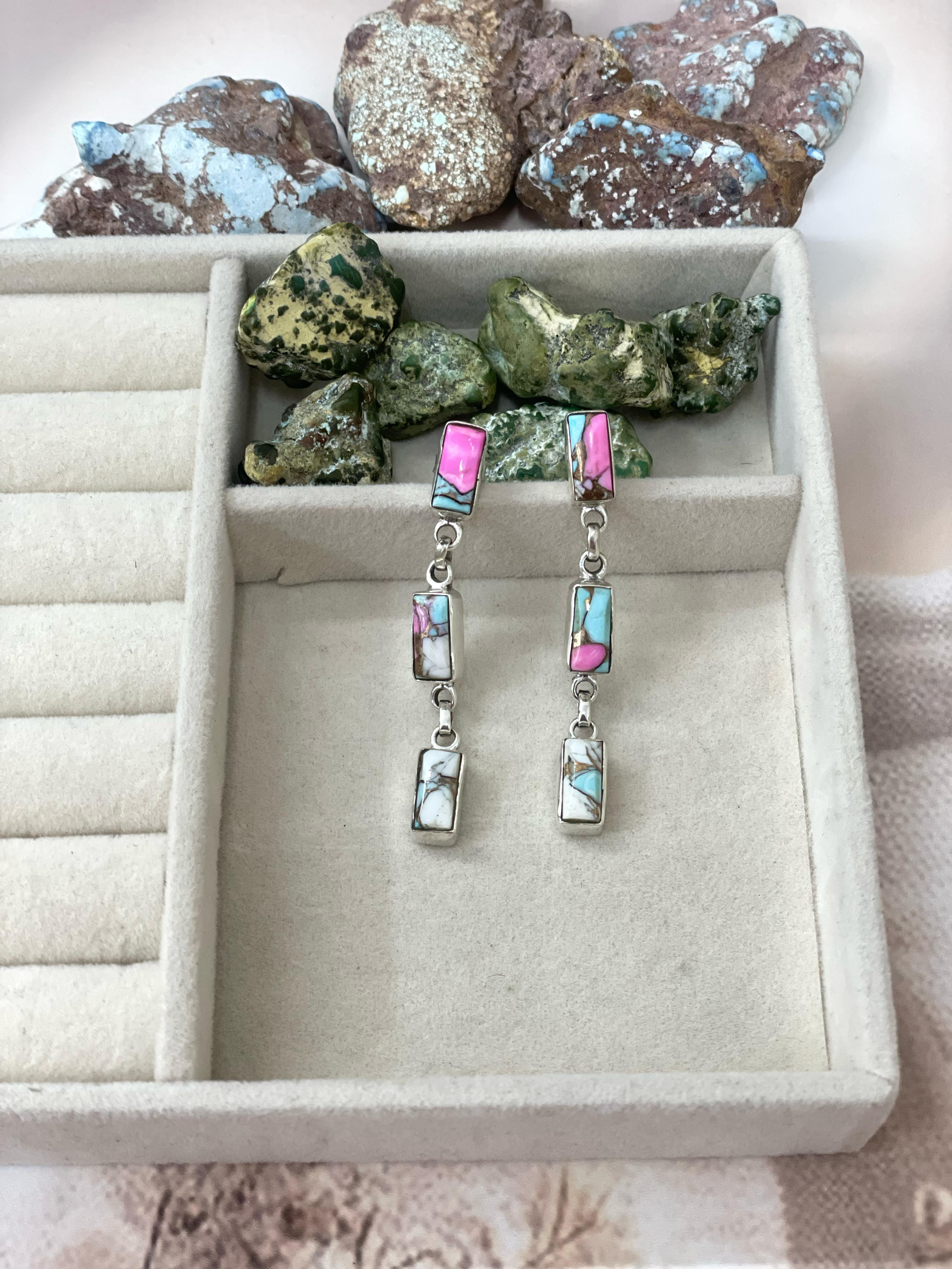 Handmade Sterling Silver Cotton Candy Turquoise Dangles Earrings with Signed Nizhoni