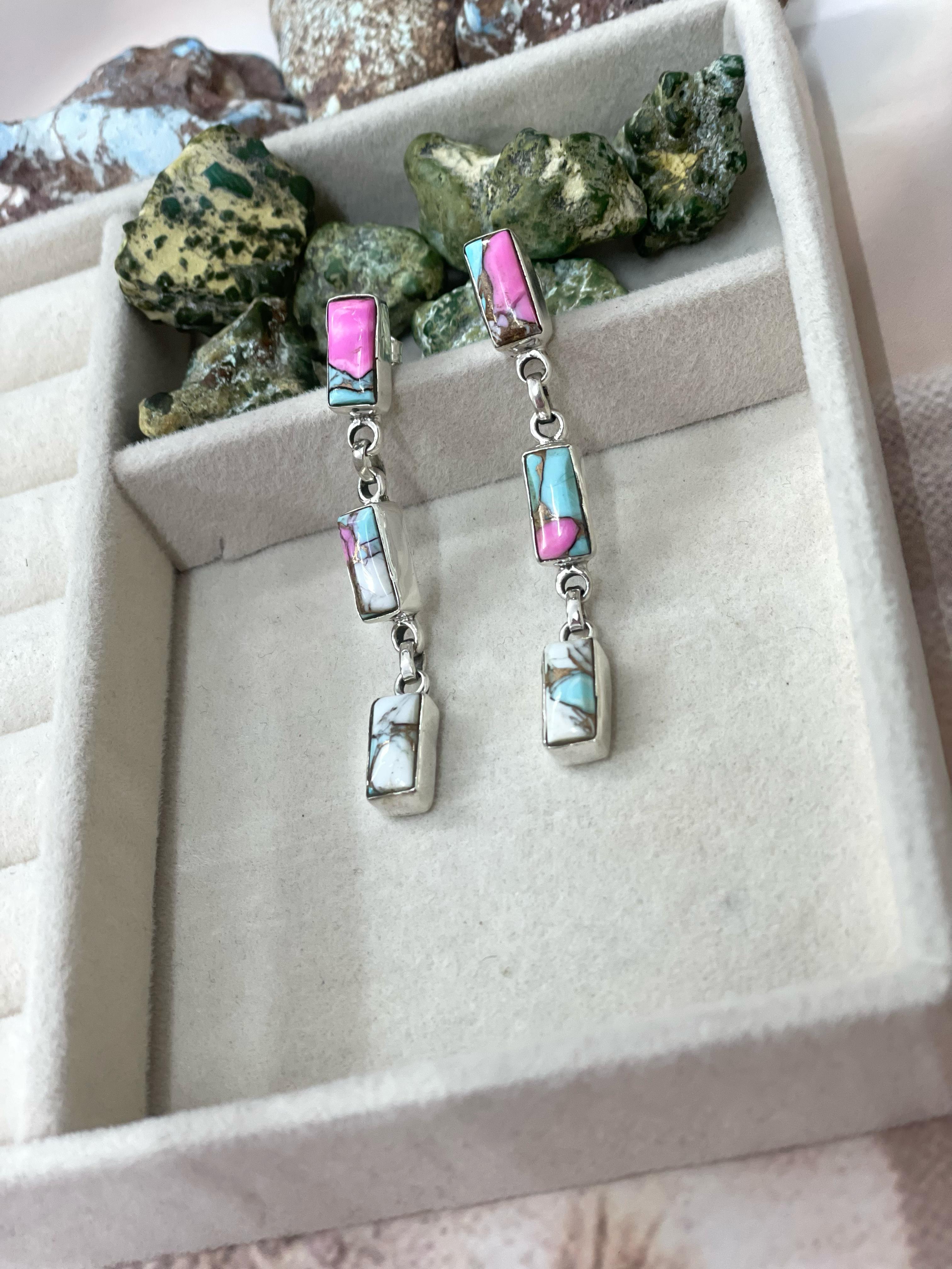 Handmade Sterling Silver Cotton Candy Turquoise Dangles Earrings with Signed Nizhoni