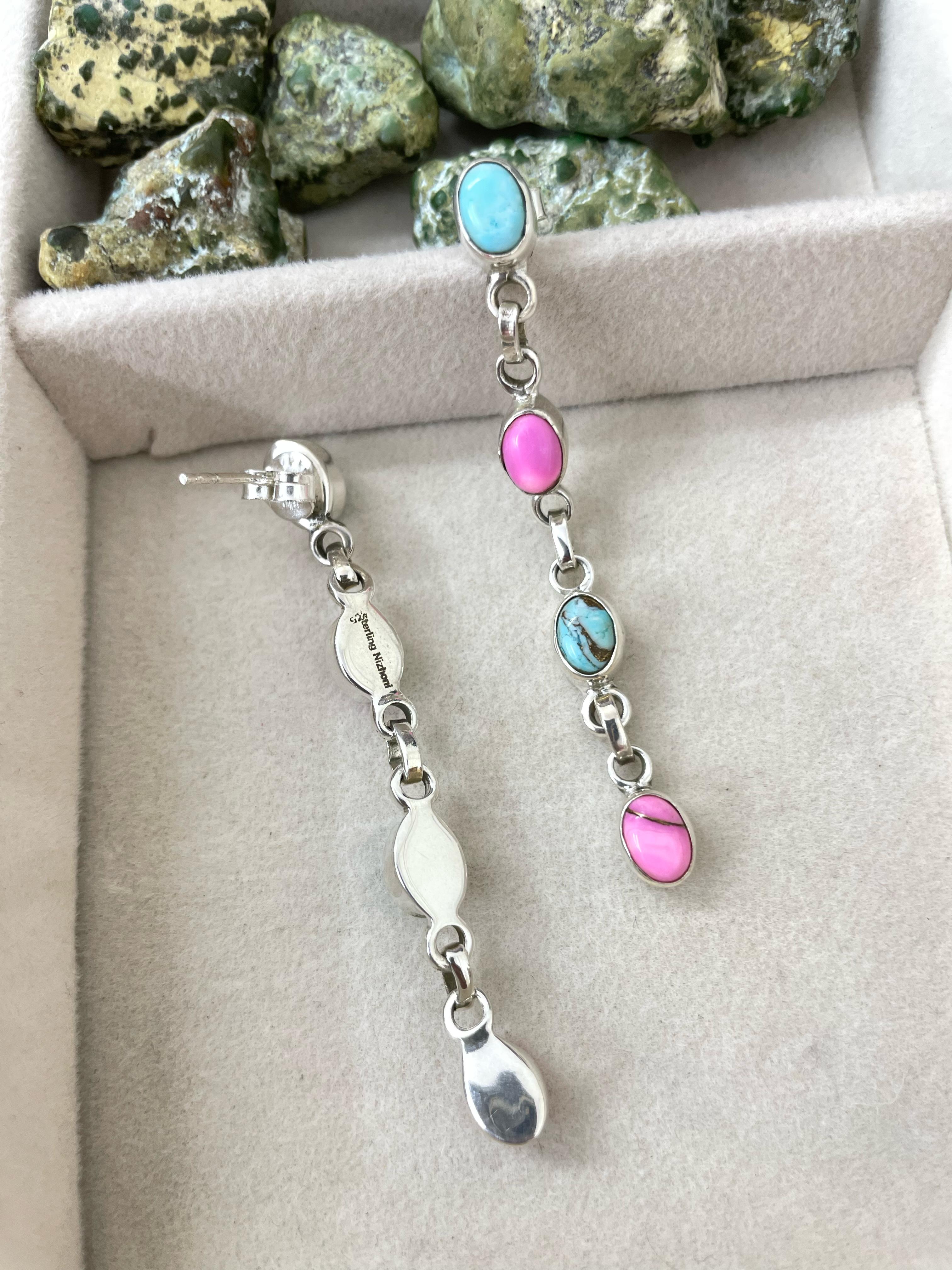 Handmade Sterling Silver Cotton Candy Turquoise Dangles Earrings with Signed Nizhoni