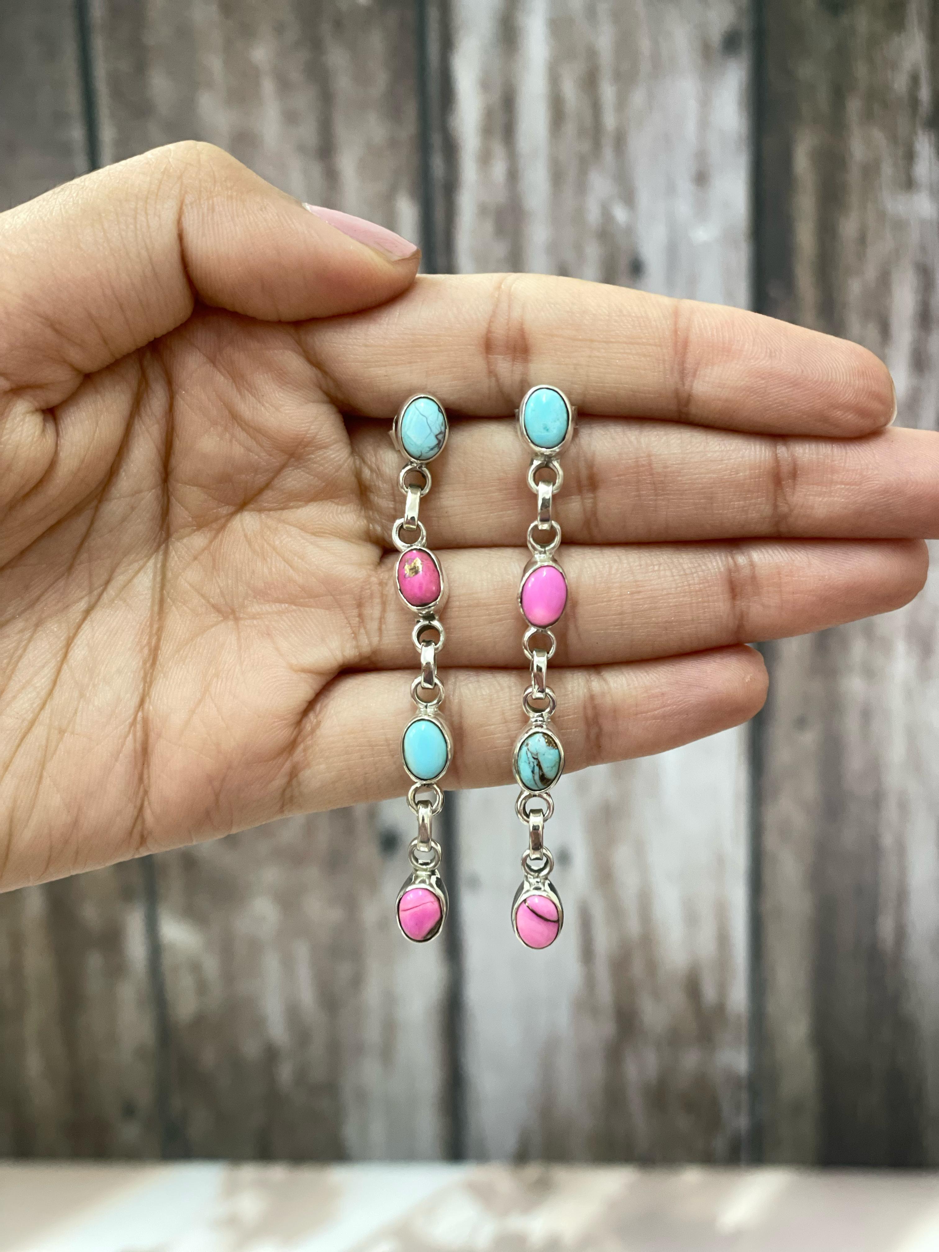 Handmade Sterling Silver Cotton Candy Turquoise Dangles Earrings with Signed Nizhoni