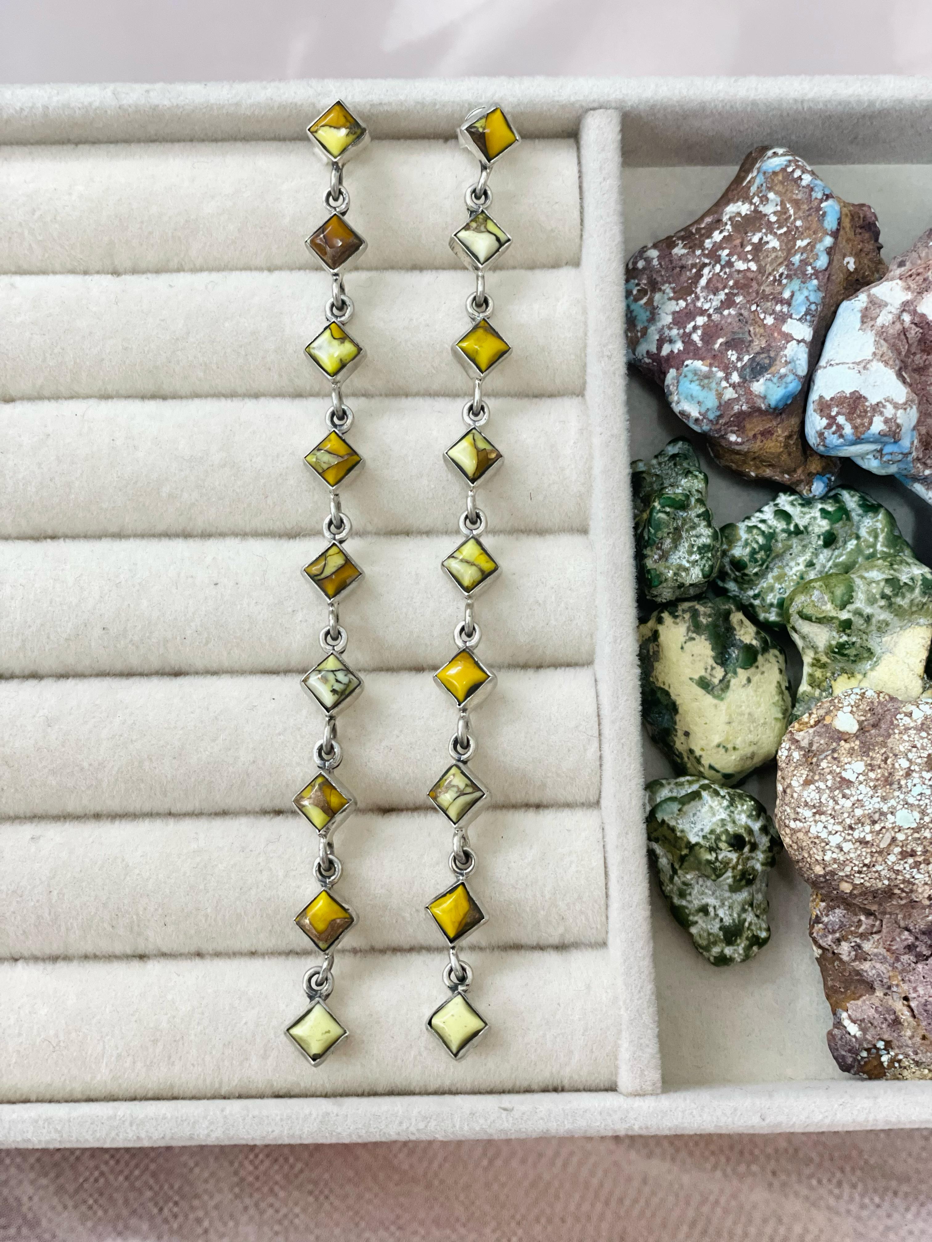 Handmade Sterling Silver Honey Dahlia Dangle Earrings with Signed Nizhoni