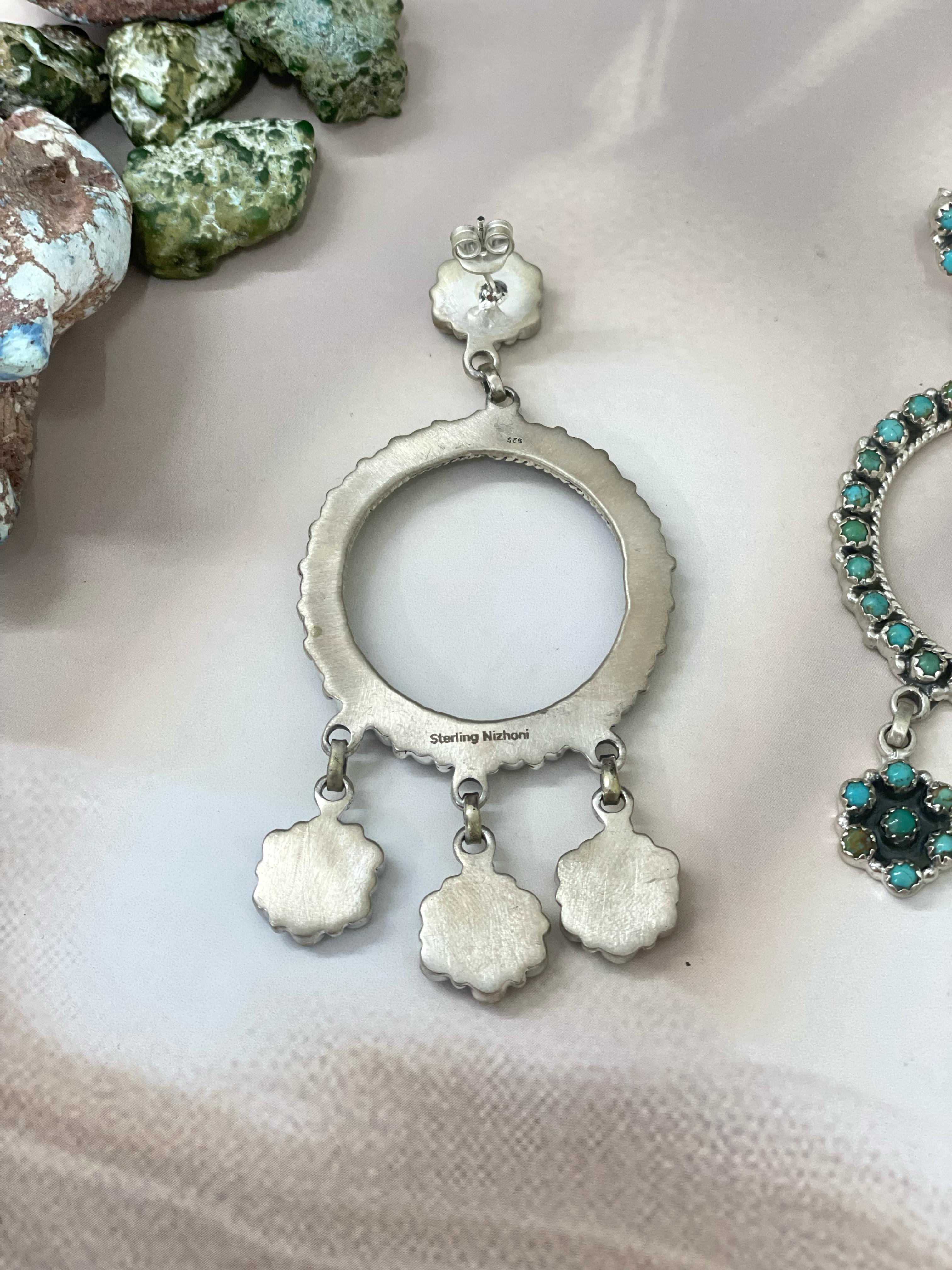 Handmade Sterling Silver Kingman Turquoise Dangles Hoop Earrings with Signed Nizhoni
