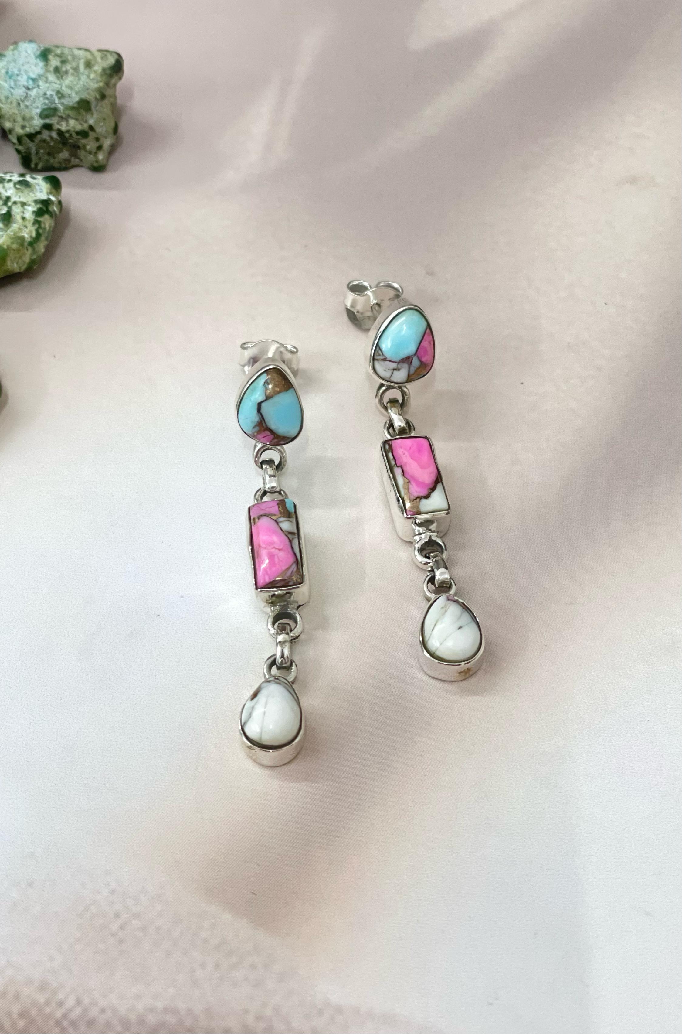Handmade Sterling Silver Cotton Candy Turquoise Dangles Earrings with Signed Nizhoni