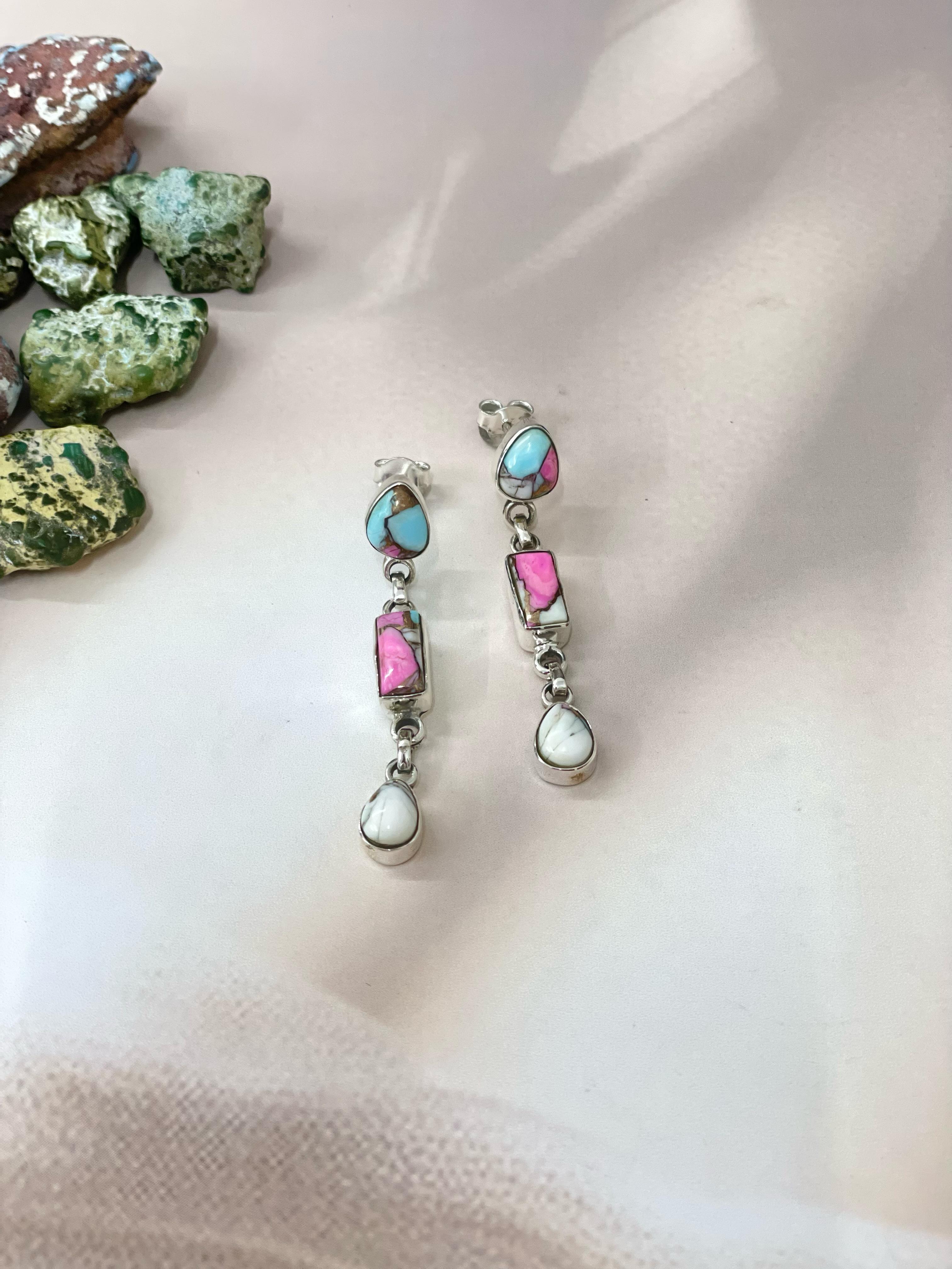 Handmade Sterling Silver Cotton Candy Turquoise Dangles Earrings with Signed Nizhoni