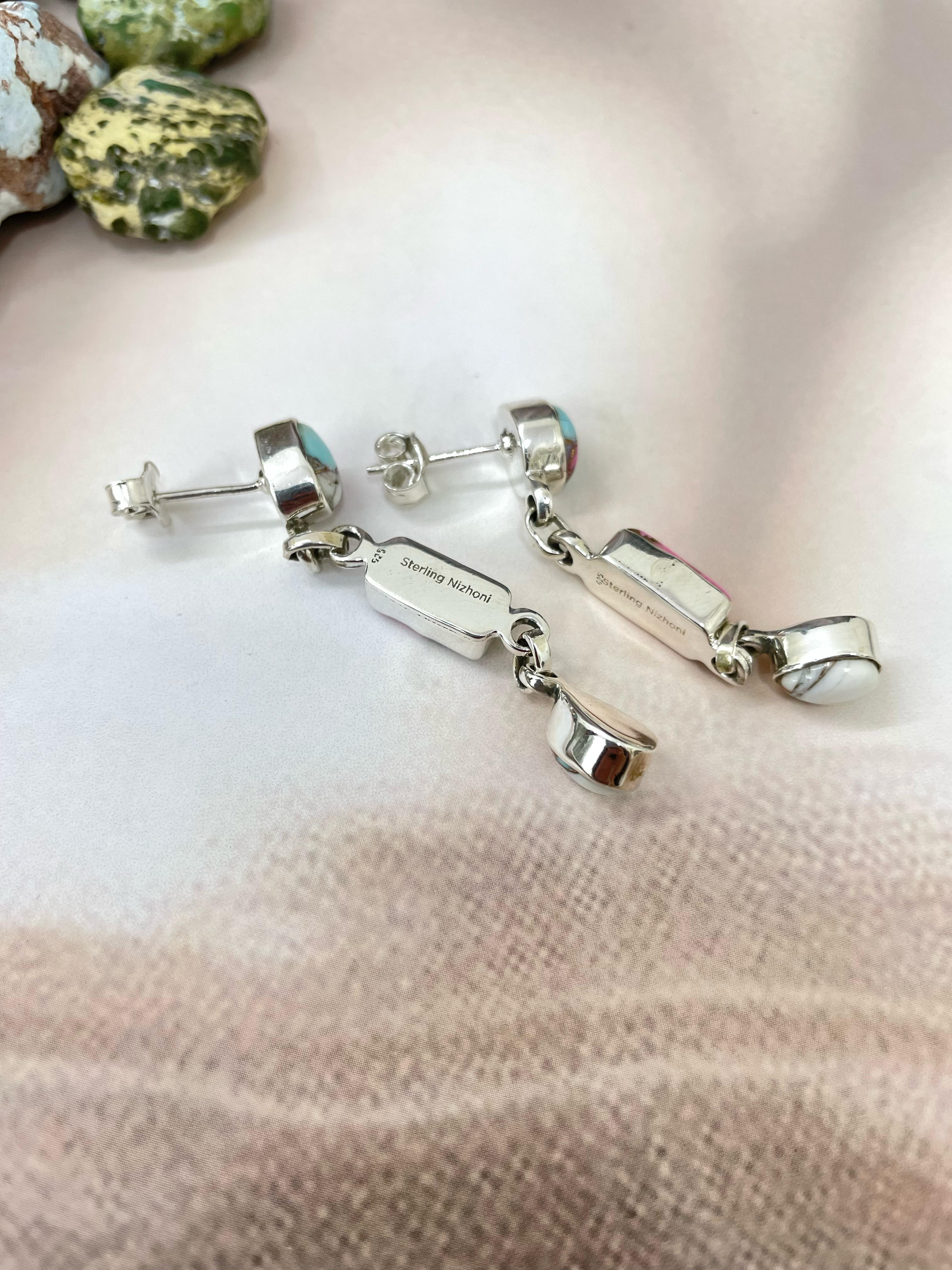 Handmade Sterling Silver Cotton Candy Turquoise Dangles Earrings with Signed Nizhoni