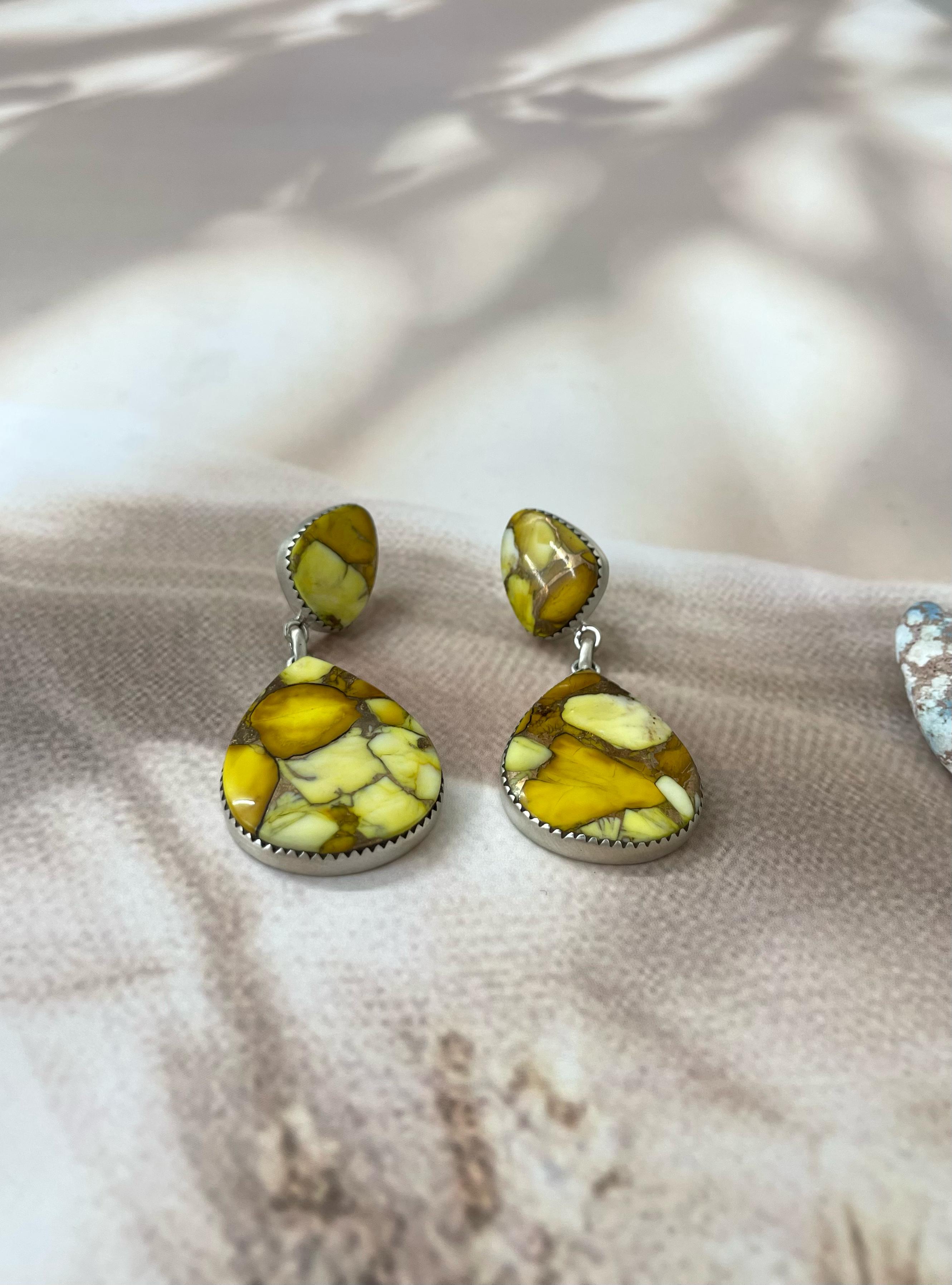 Handmade Sterling Silver Honey Dahlia Dangle Earrings with Signed Nizhoni