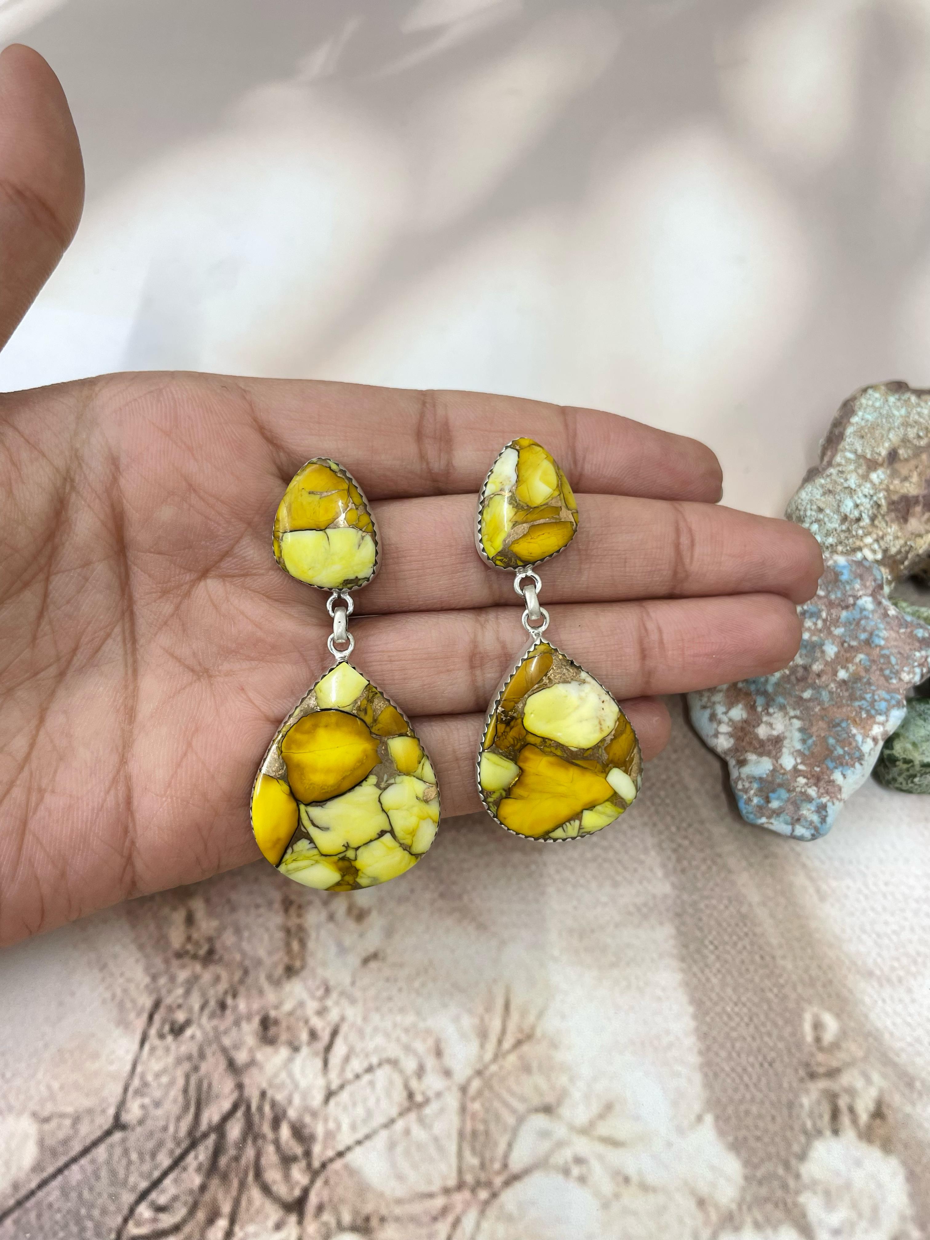 Handmade Sterling Silver Honey Dahlia Dangle Earrings with Signed Nizhoni