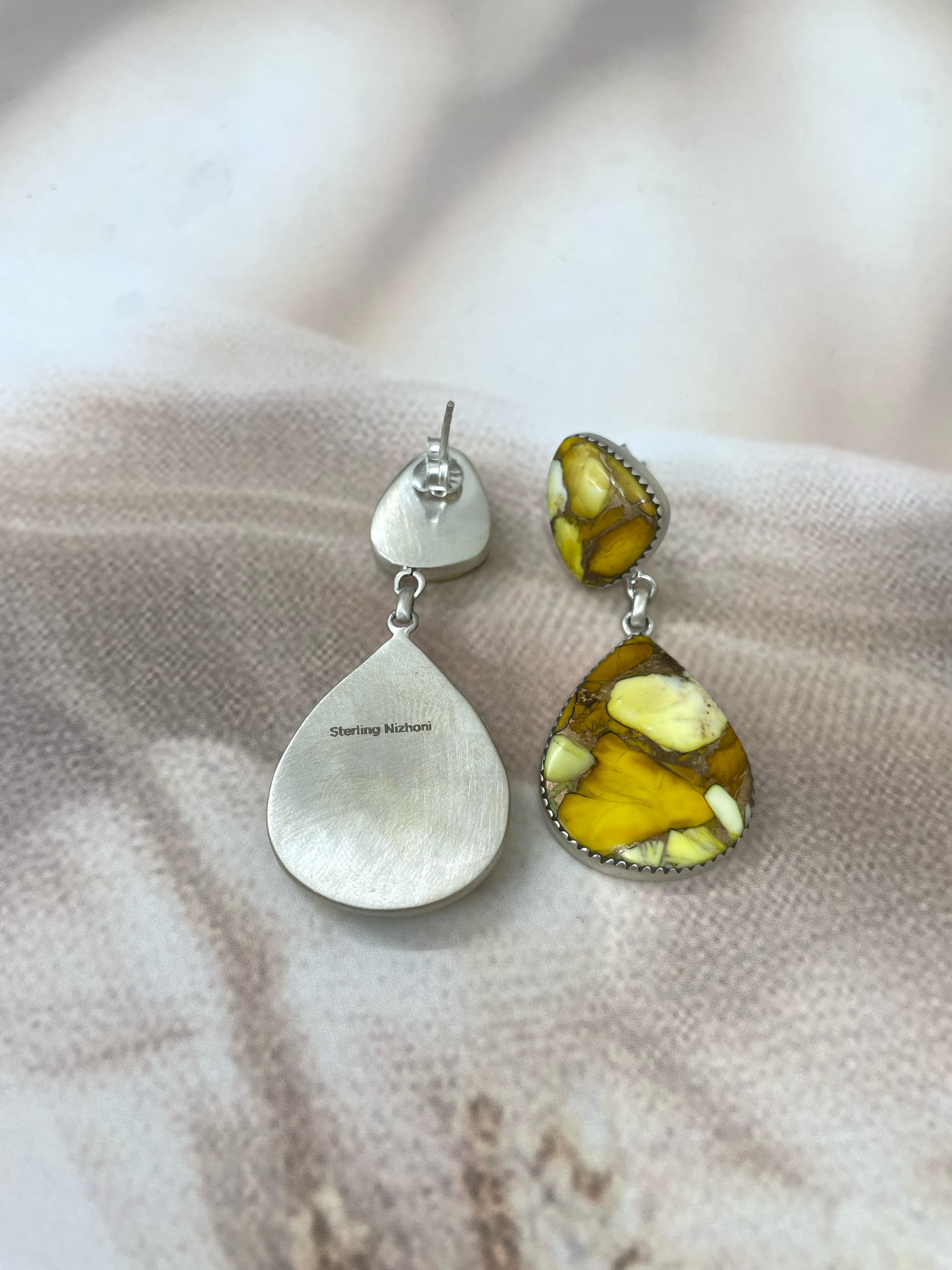 Handmade Sterling Silver Honey Dahlia Dangle Earrings with Signed Nizhoni