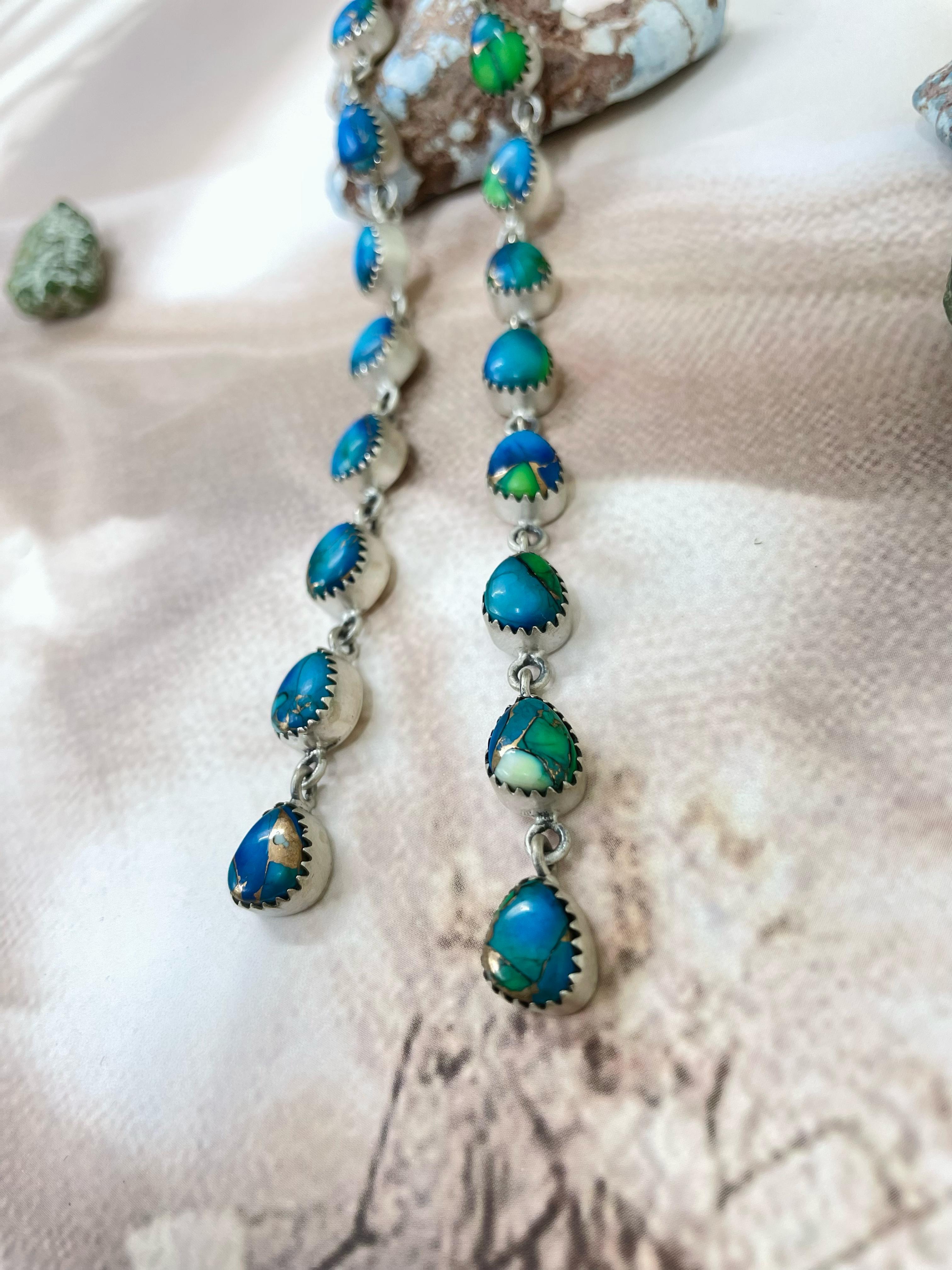 Handmade Sterling Peacock Dahlia Dangle Earrings with Signed Nizhoni