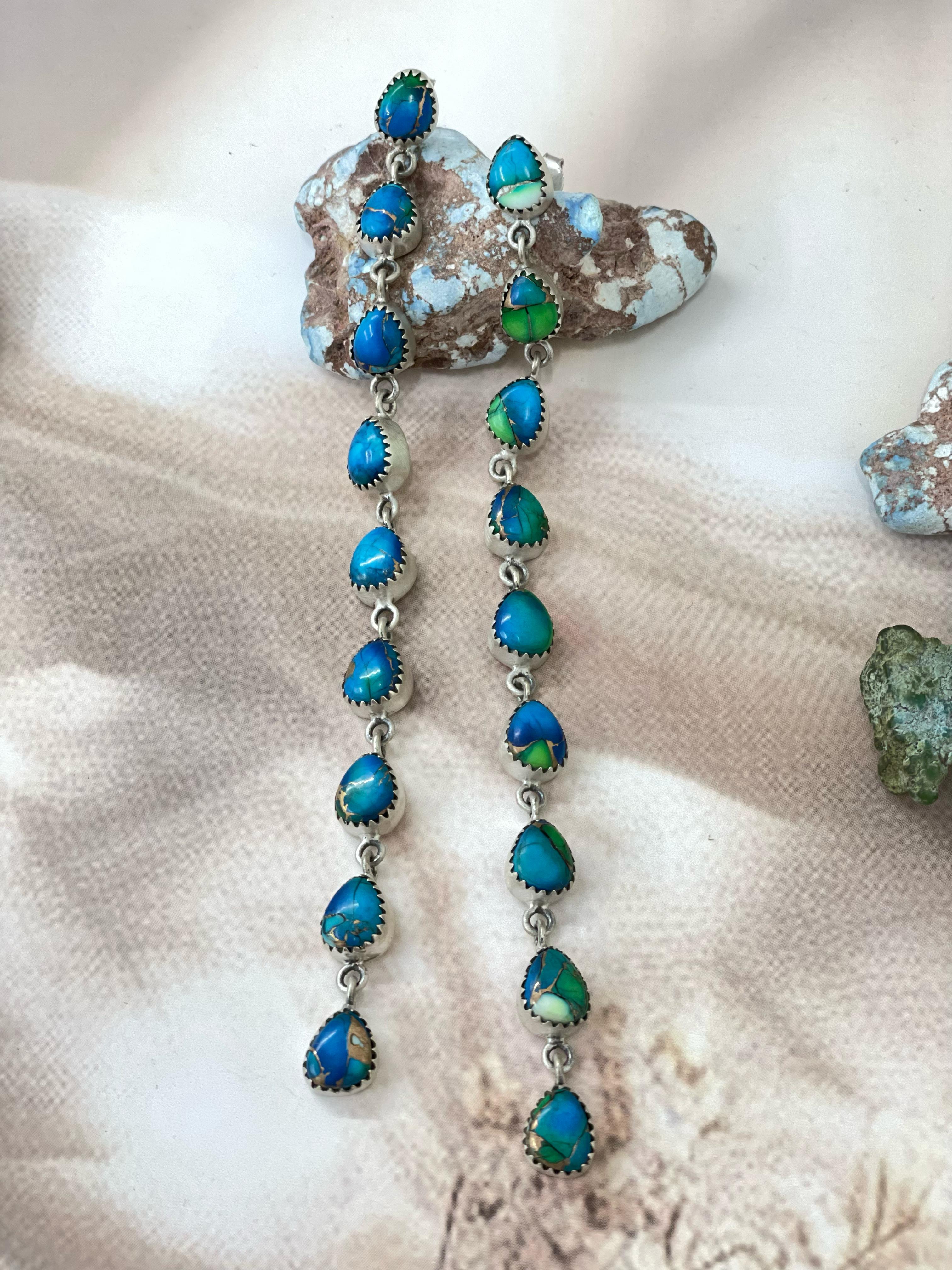 Handmade Sterling Peacock Dahlia Dangle Earrings with Signed Nizhoni