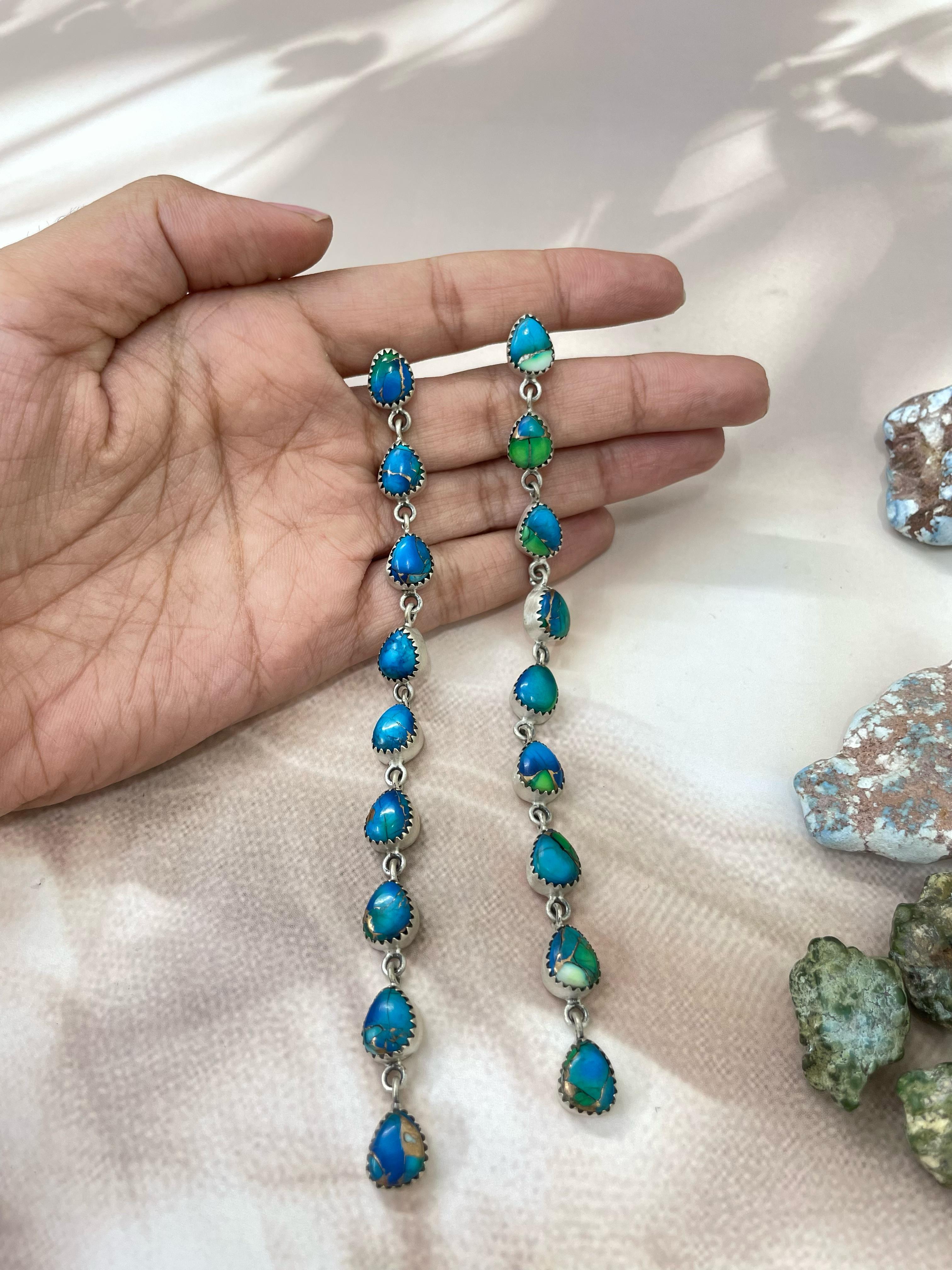 Handmade Sterling Peacock Dahlia Dangle Earrings with Signed Nizhoni