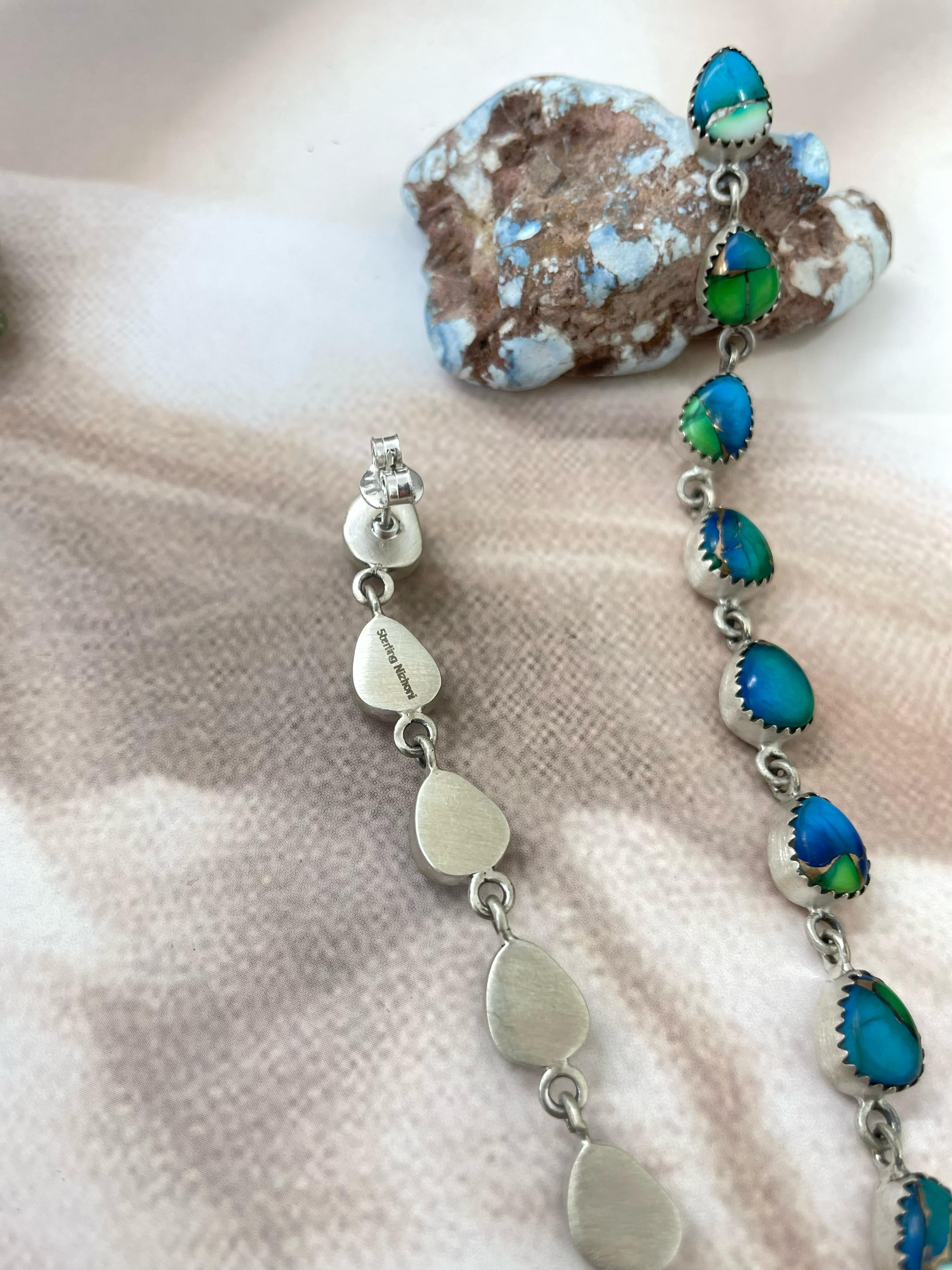 Handmade Sterling Peacock Dahlia Dangle Earrings with Signed Nizhoni