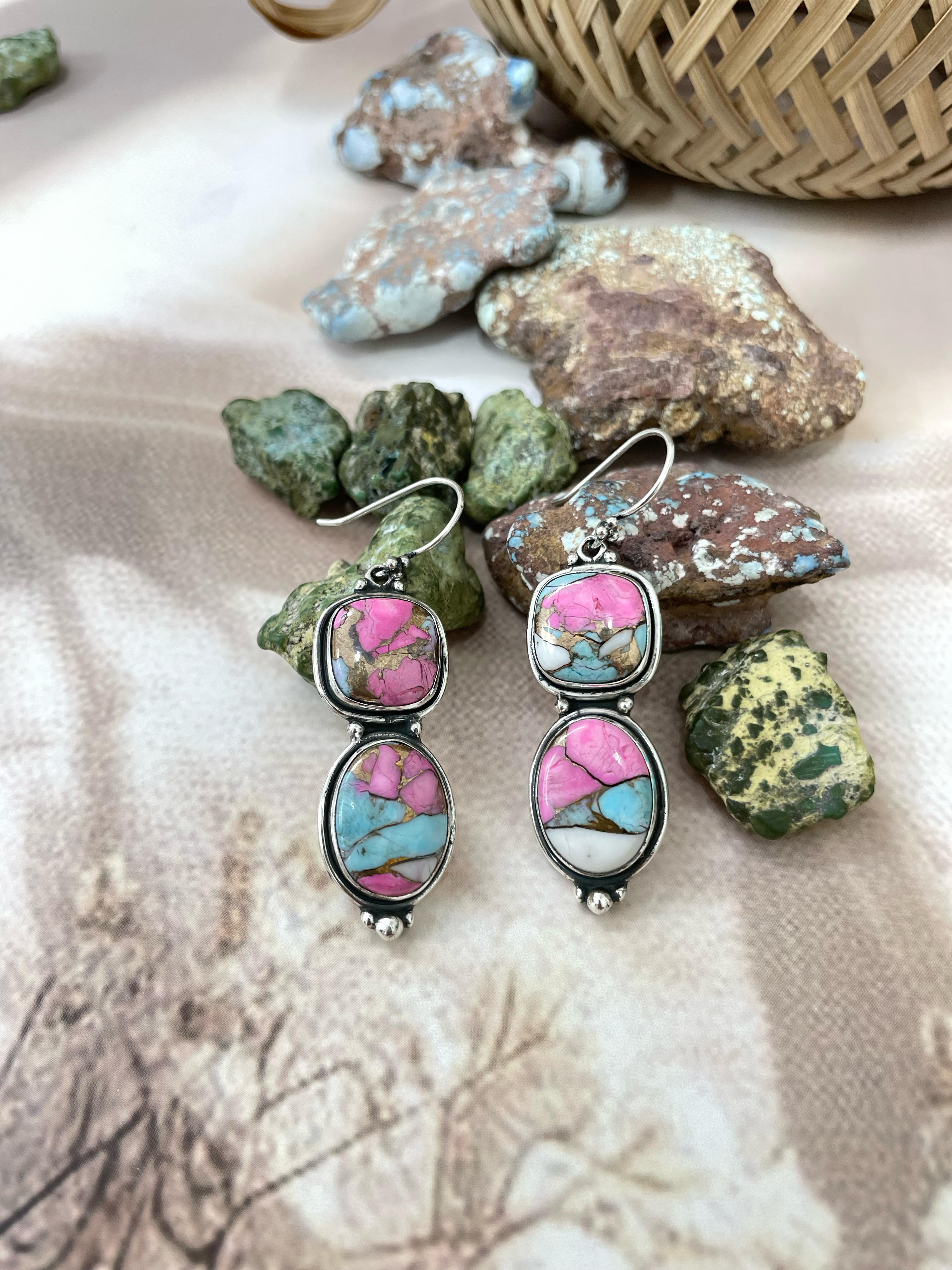 Handmade Sterling Silver Cotton Candy Turquoise Dangles Earrings with Signed Nizhoni