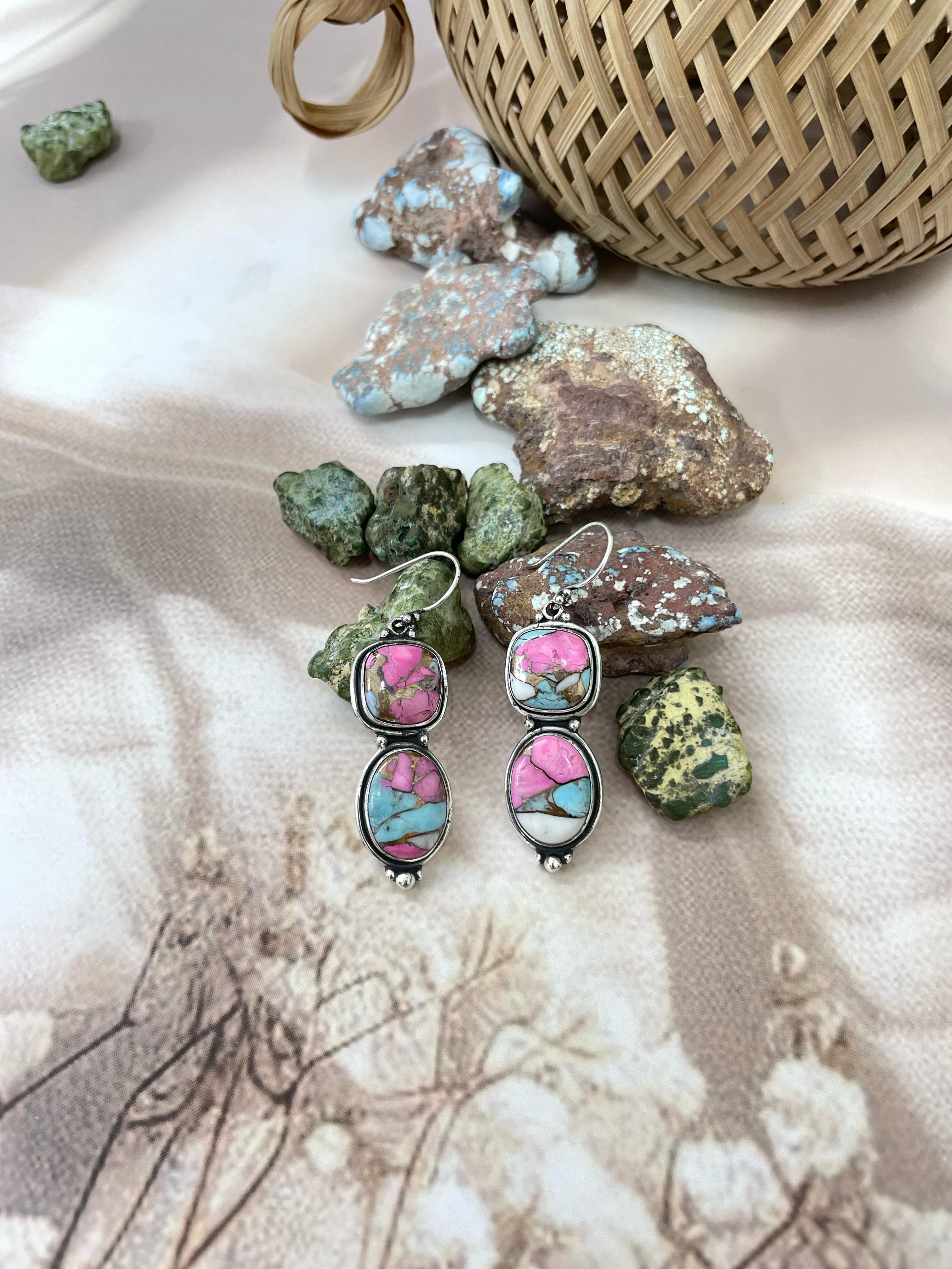Handmade Sterling Silver Cotton Candy Turquoise Dangles Earrings with Signed Nizhoni