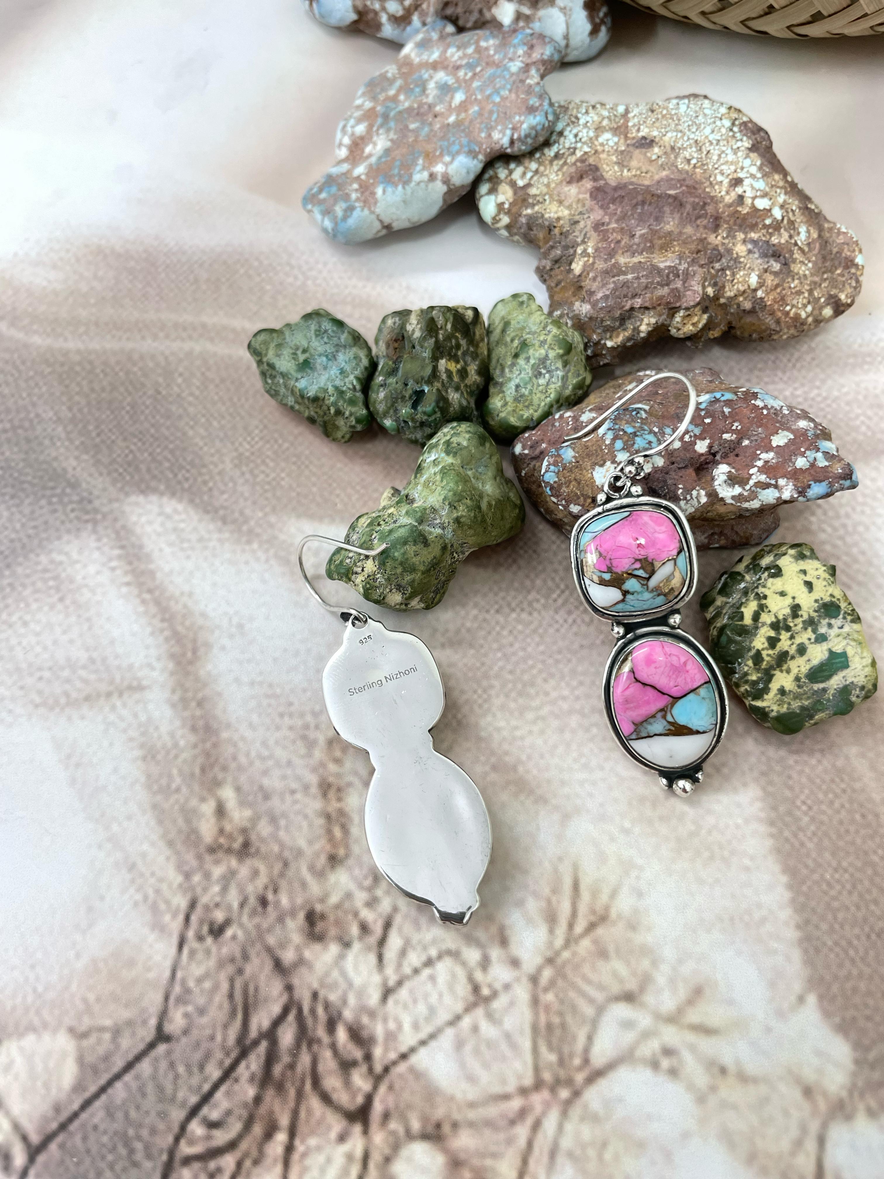 Handmade Sterling Silver Cotton Candy Turquoise Dangles Earrings with Signed Nizhoni